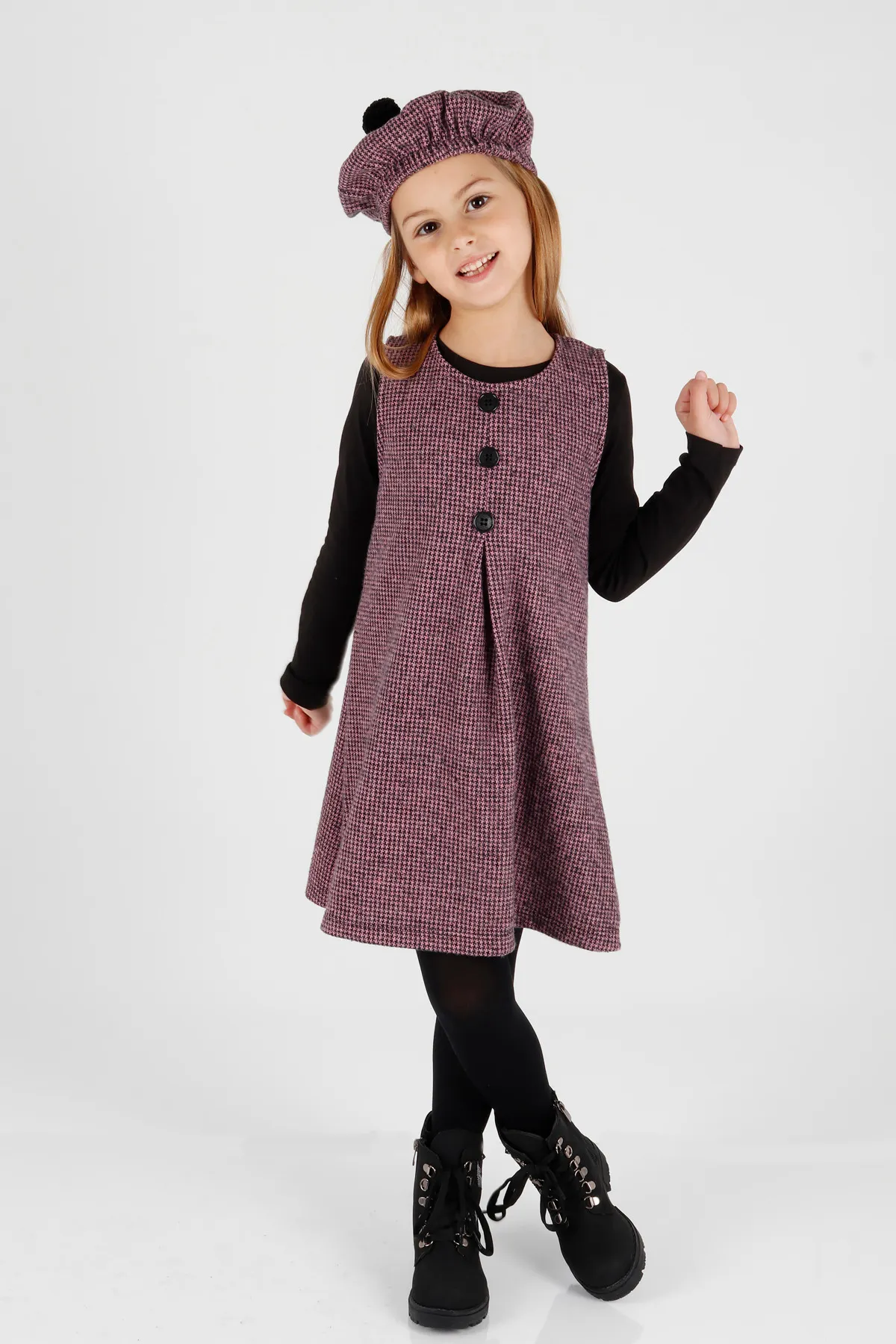 AHENGİM  Mädchen Hat Badili Kleid 3-teiliges Set Knopfdetailliert Ak2403