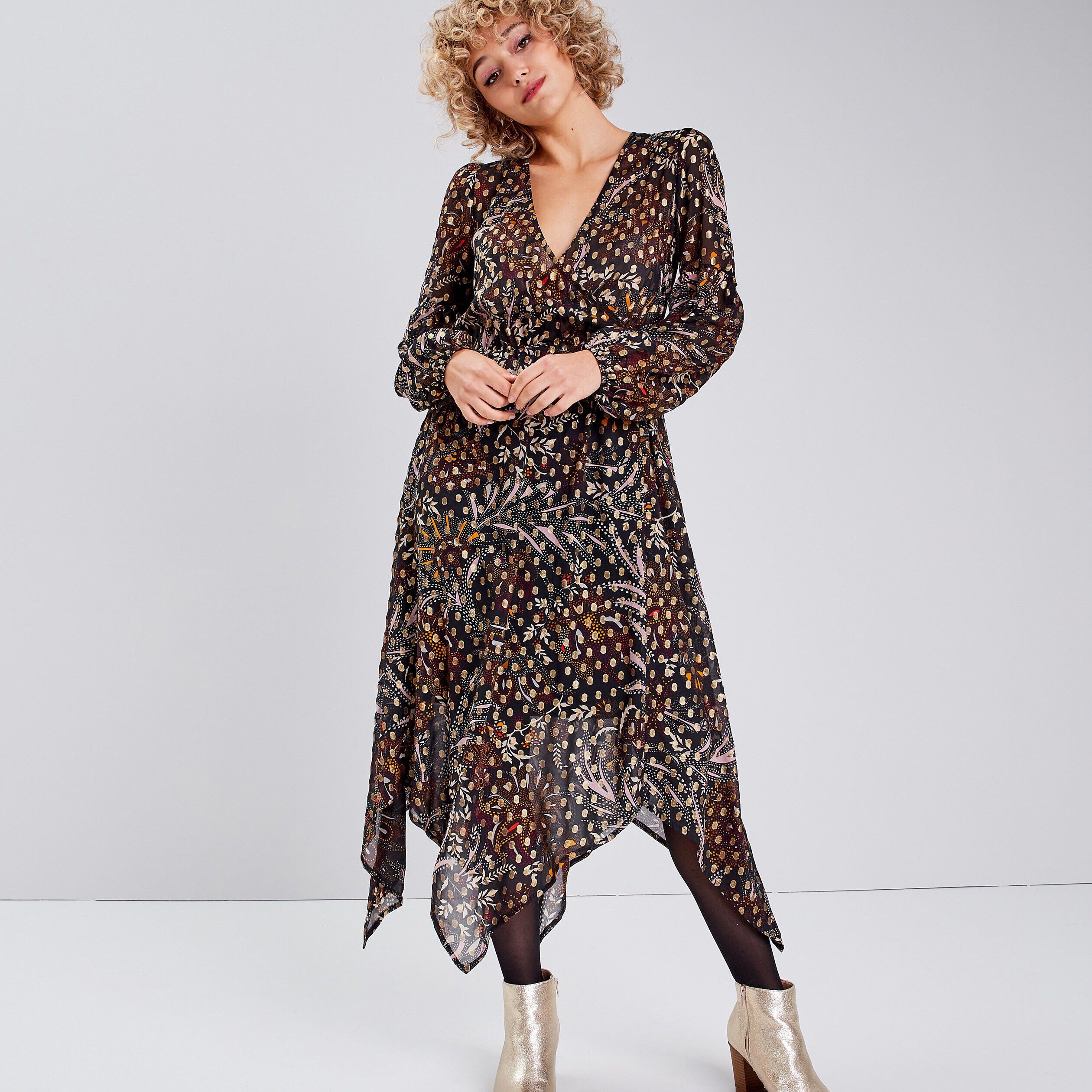 Robe longue évasée asymétrique noir femme | Cache Cache