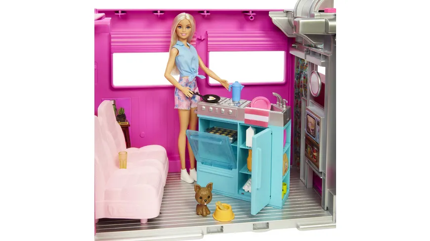 Barbie Super Abenteuer-Camper Fahrzeug, 76 cm groß mit Pool, Rutsche und über 60 Zubehörteilen