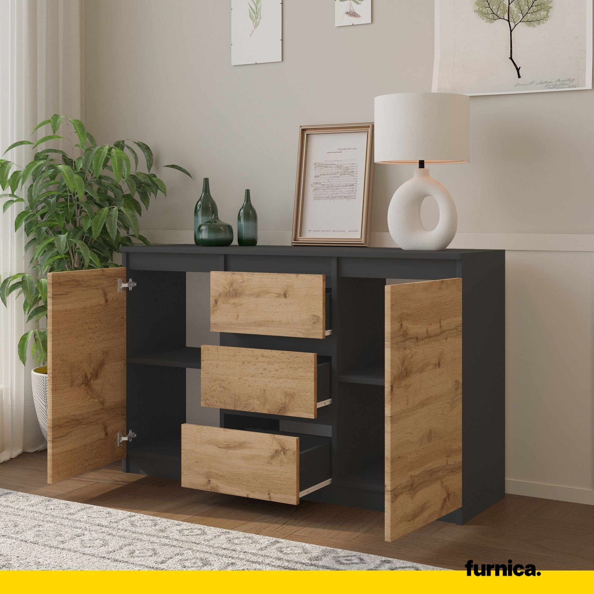 Furnica Kommode MIKEL, 3 Schubladen und 2 Türen - Anthrazit Grau H75cm B120cm T35cm (1 St)