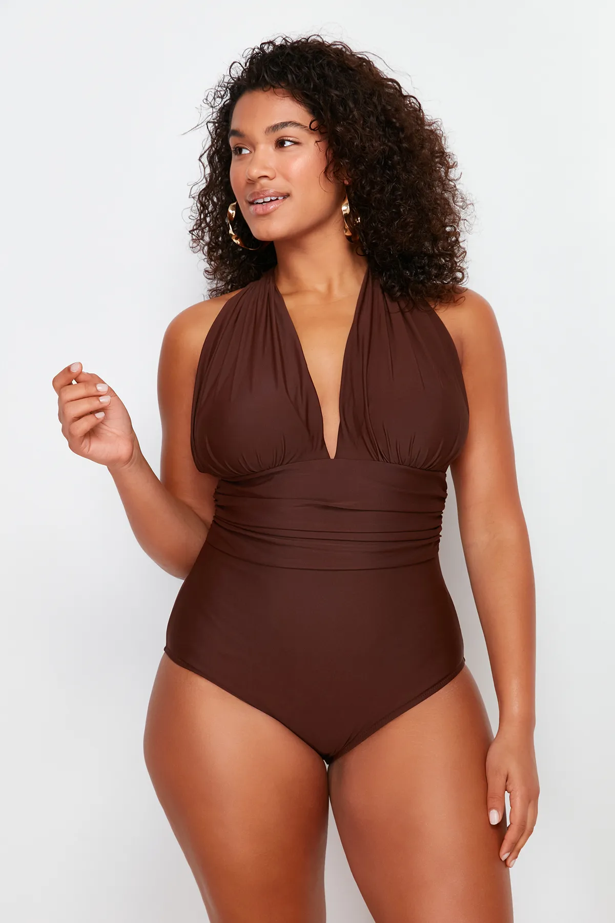 Trendyol Curve  Brauner Cross-Recovery-Badeanzug mit tiefem V-Rücken TBBSS23AM00000