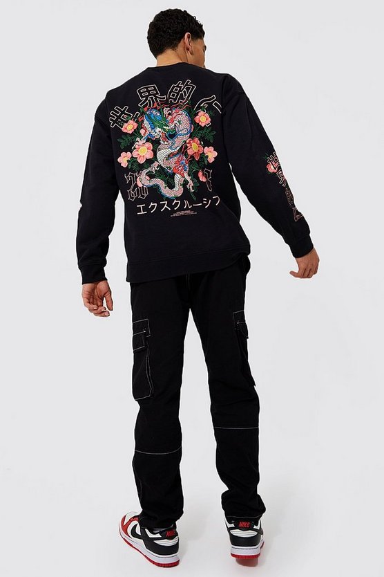 Oversize Sweatshirt mit floralem Oversize Drachen-Print