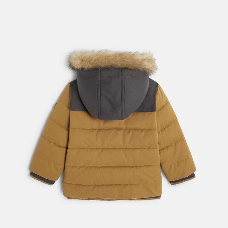 Manteau matelassé polaire à capuche bordée marron bébé garçon