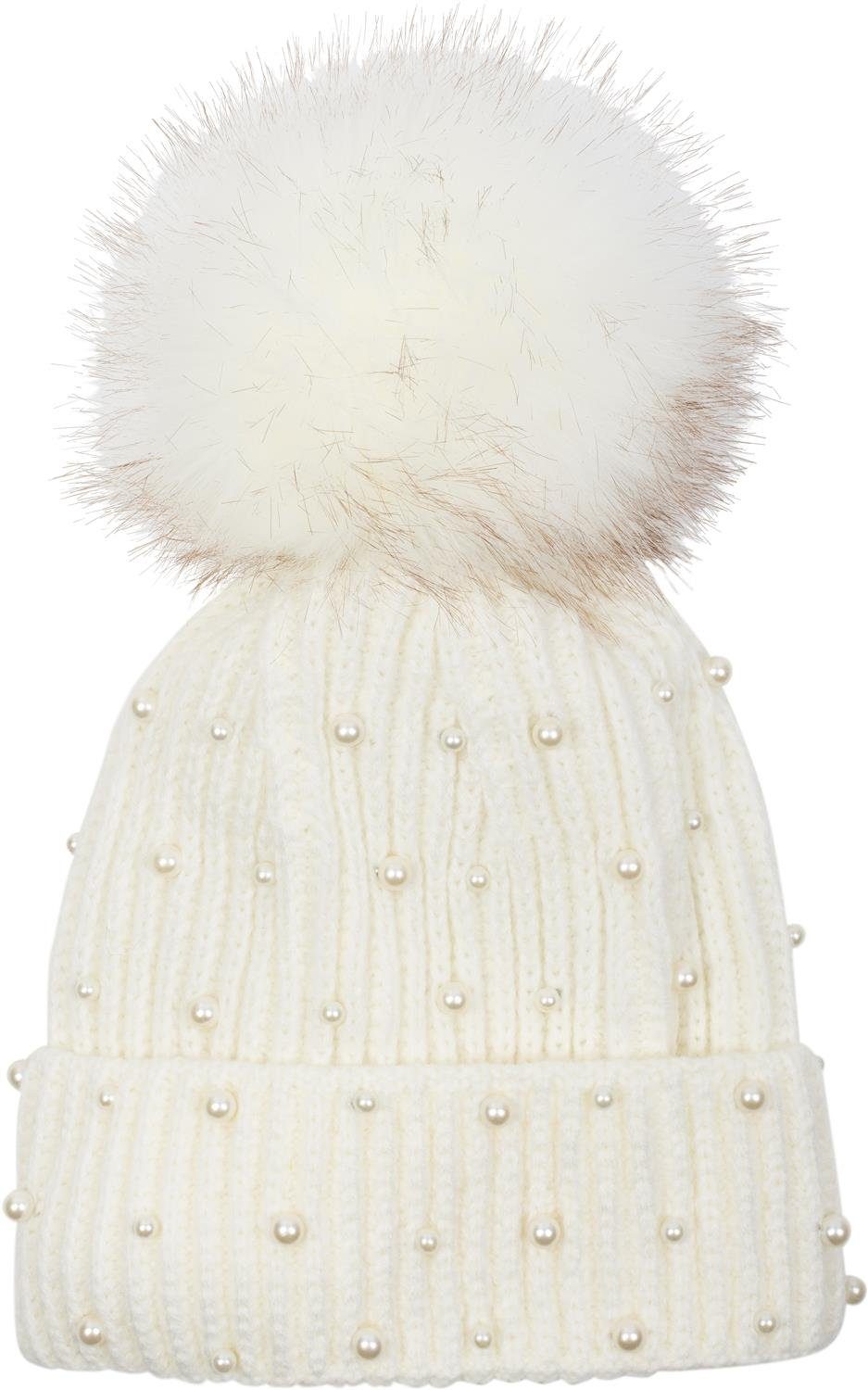 styleBREAKER Bommelmütze (1-St) Strick Bommelmütze mit Perlen und Fleece Futter