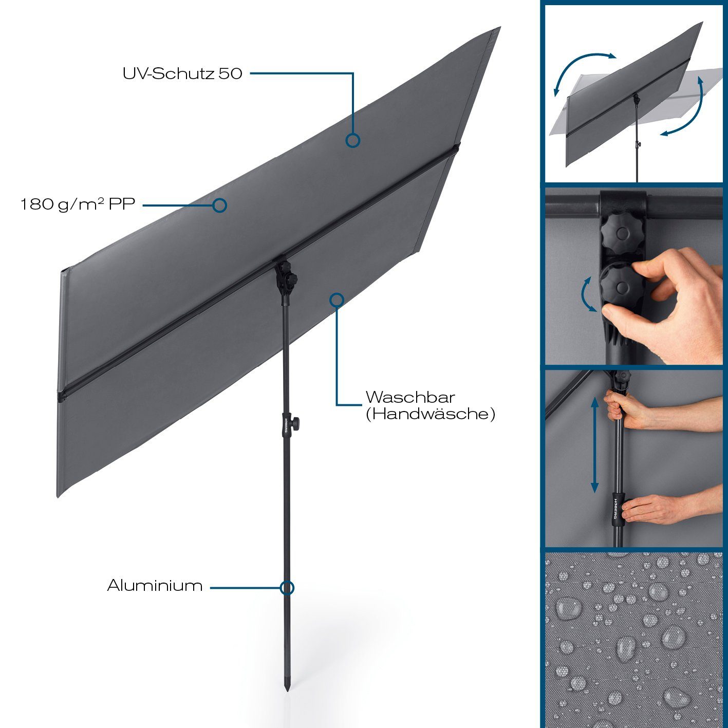Hoberg Sonnenschirm flexibler Sonnenschirm 130x180cm rechteckig grau