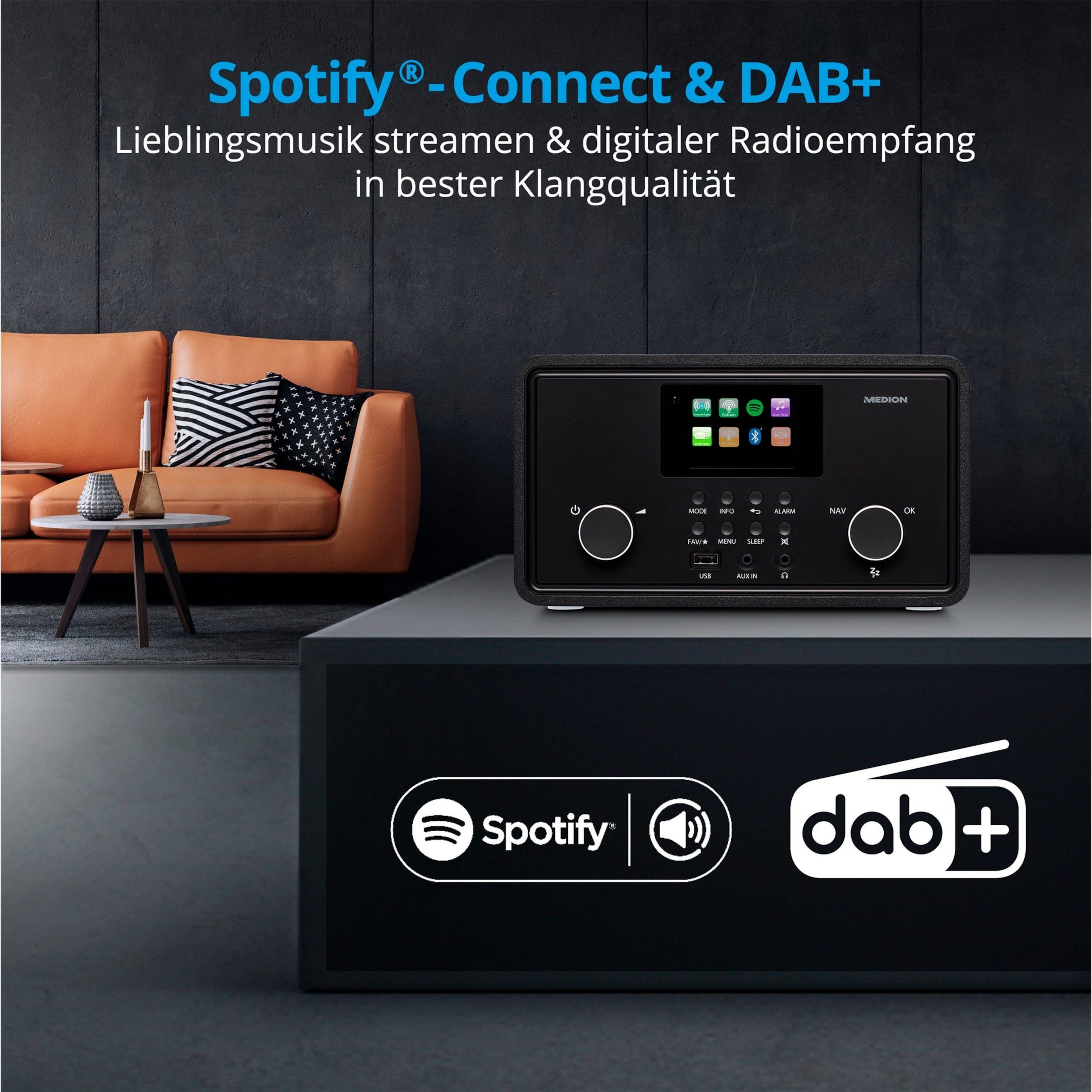 Medion® Medion Internet-Radio (AM/FM, DAB+, MW/UKW, Spotify, 10 W, MD88069) Internet-Radio (10,00 W)