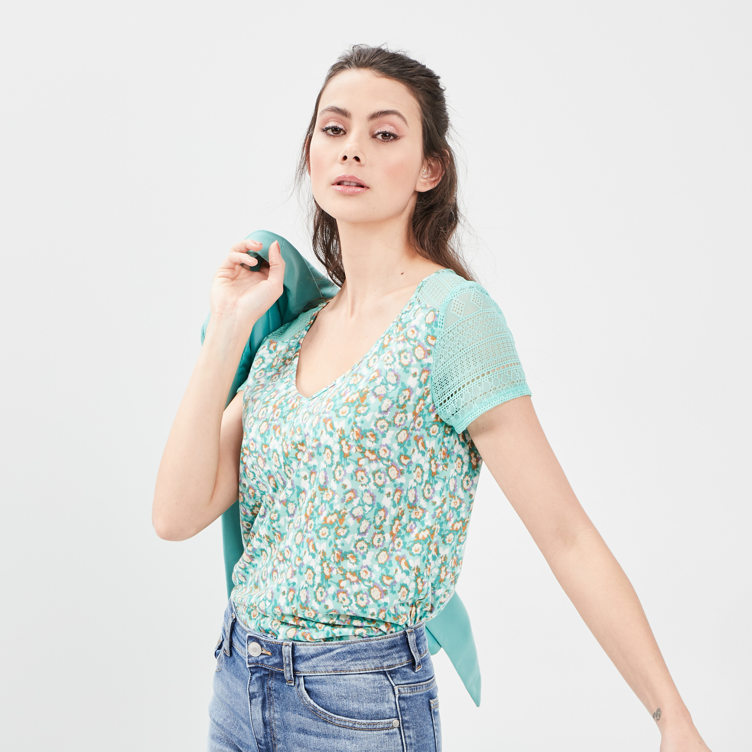 T-shirt manches courtes bleu turquoise femme | La Halle