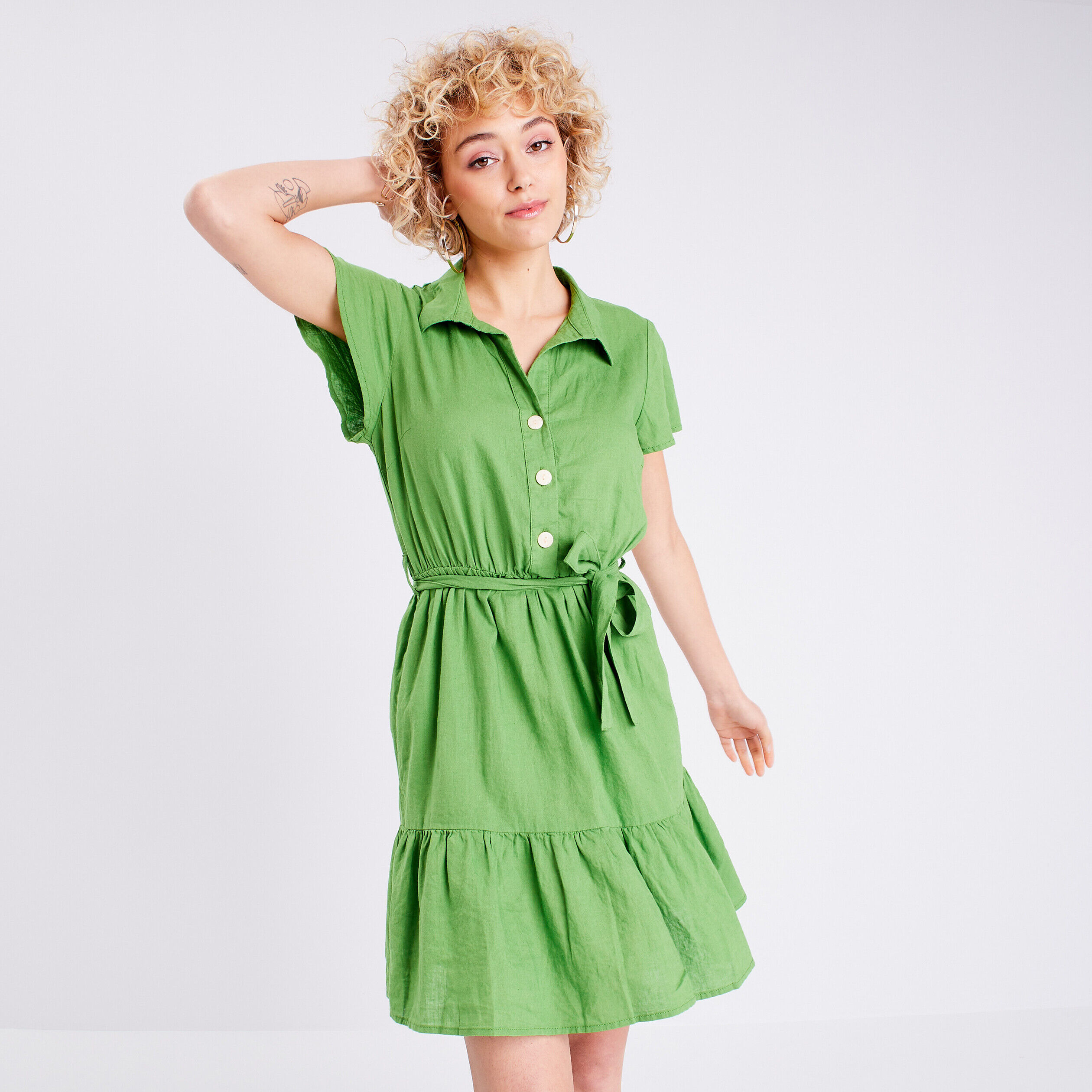 Robe évasée ceinturée vert femme | Cache Cache