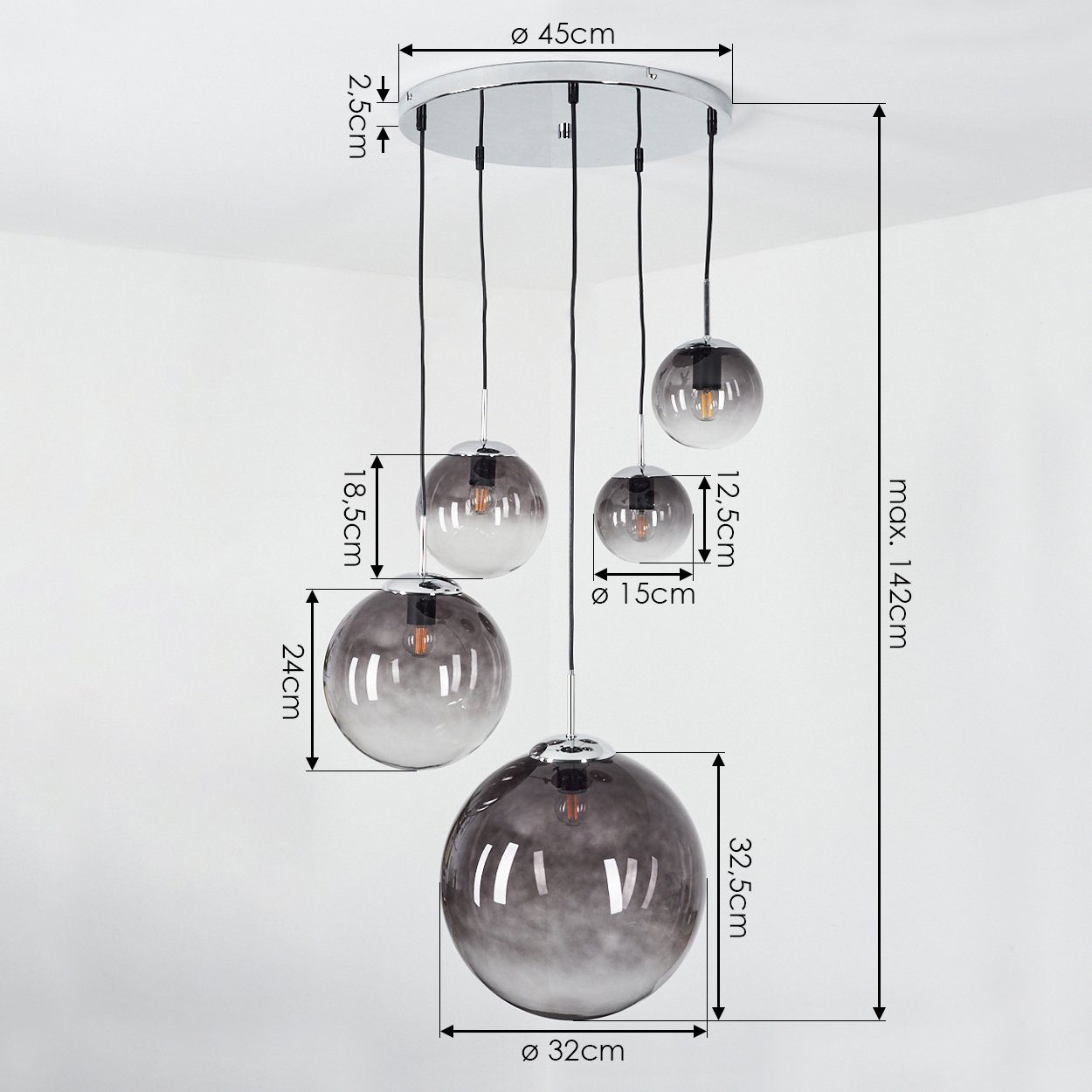 hofstein Hängeleuchte Arola runde Hängelampe aus Metall in chrom, ohne Leuchtmittel, mit Schirm Rauchglas, E27