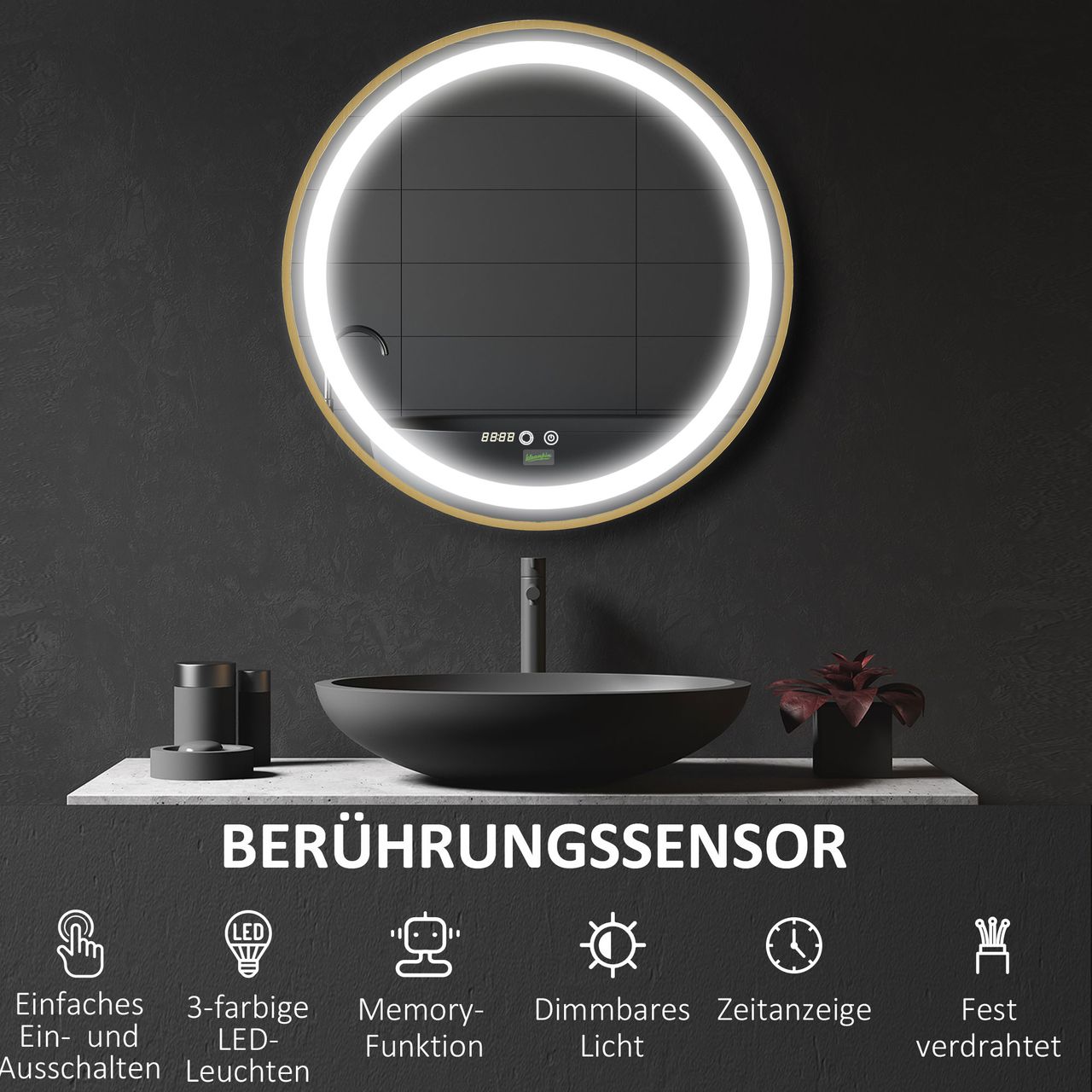 kleankin Badspiegel Wandspiegel mit LED-Leuchte Dimmbarer Badezimmerspiege, IP44