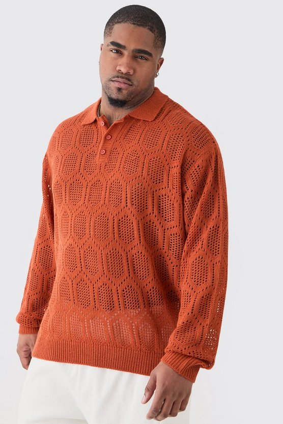 Plus langarmliges gehäkeltes Oversize Poloshirt