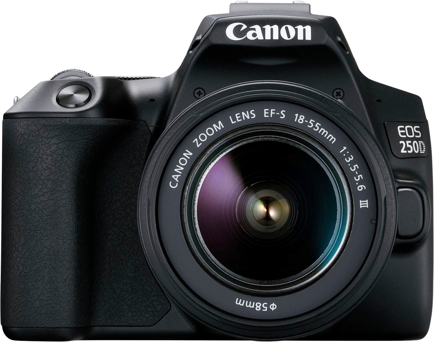 Canon 250D + EF-S 18-55mm f/3.5-5.6 III + SB130 Kit Systemkamera (EF-S 18-55mm f/3.5-5.6 III, 24,1 MP, Bluetooth, WLAN)