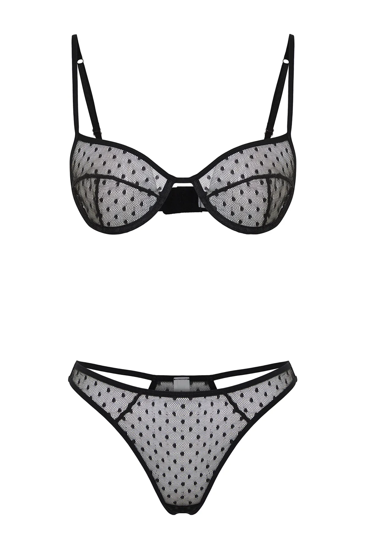 Trendyol Collection  Schwarzes Dessous-Set aus Strick mit gepunkteter Spitze, Seilriemen und ohne Kappe THMSS24CC00018