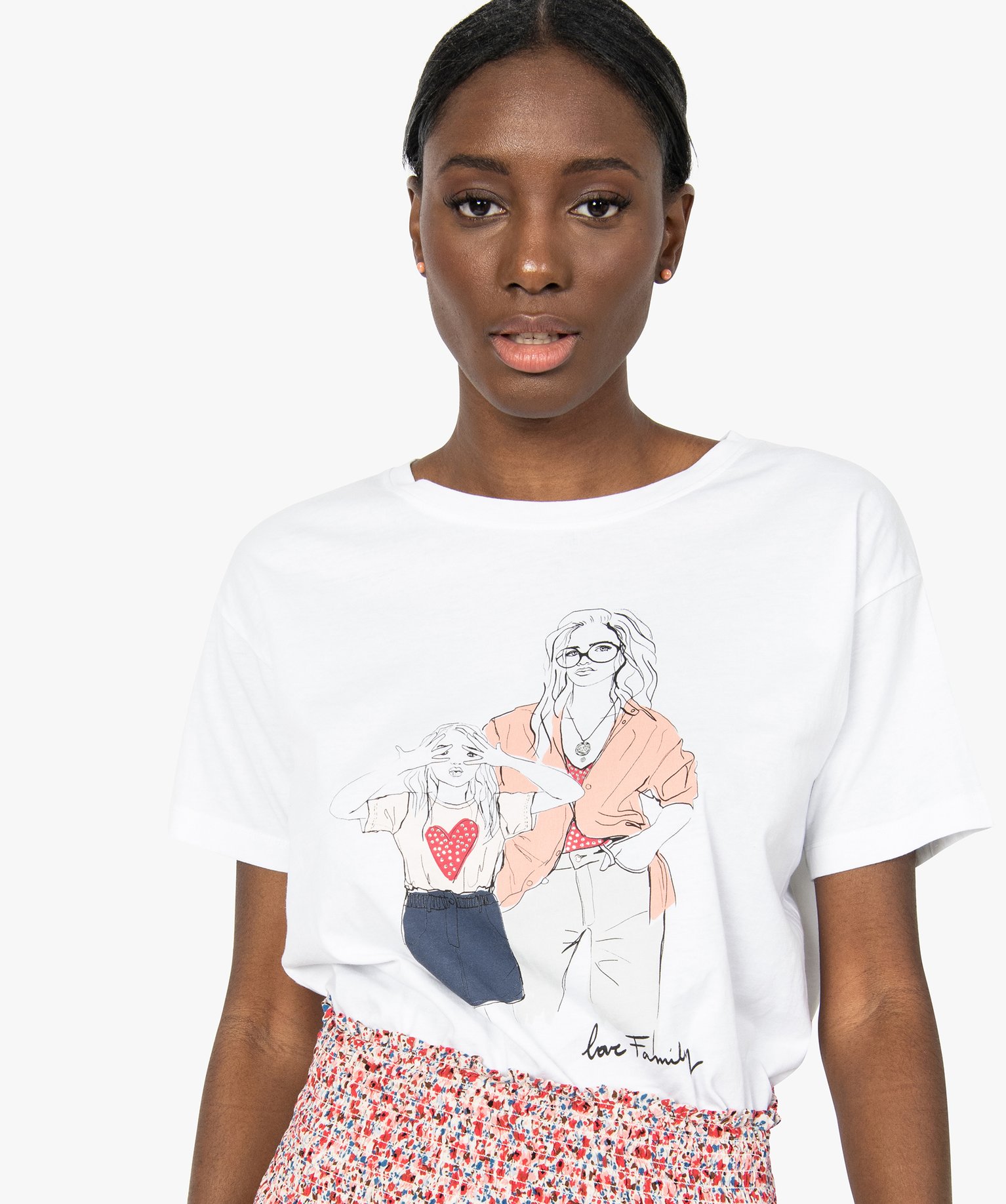 Tee-shirt femme avec motif mère fille et strass imprime | GEMO