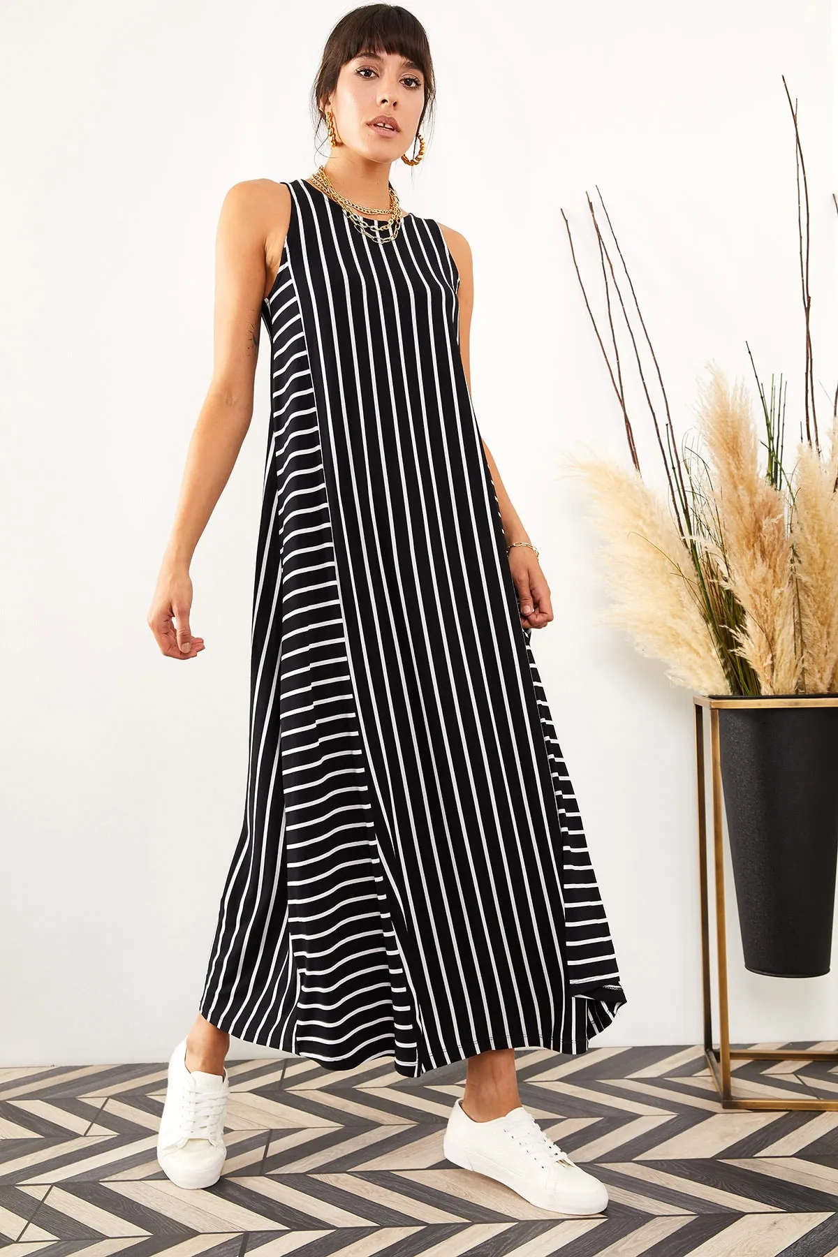Olalook  Schwarzes gestreiftes langes Freizeitkleid für Damen ELB-19001075