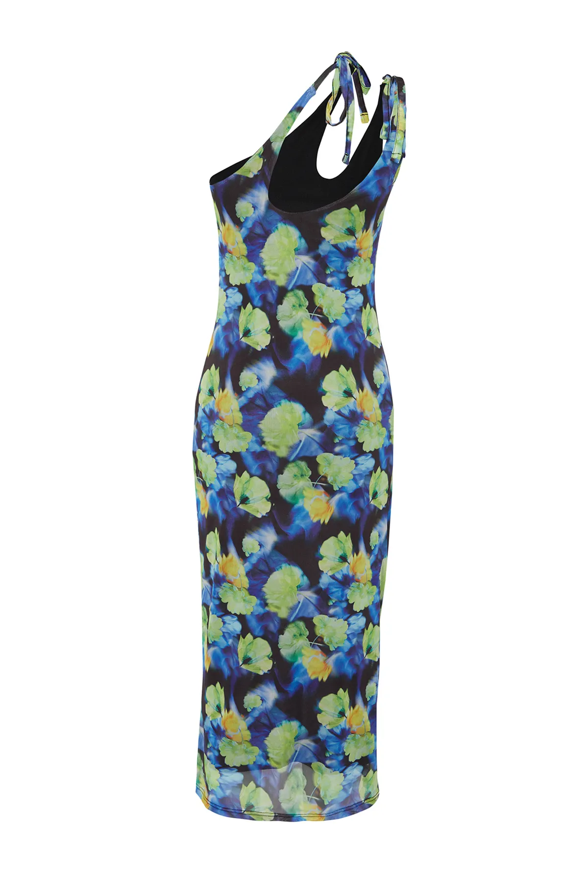 Trendyol Collection  Blaues, asymmetrisches, mit Tüll gefüttertes, figurbetontes Maxi-Bleistiftkleid aus dehnbarem Strick TWOSS23EL02315