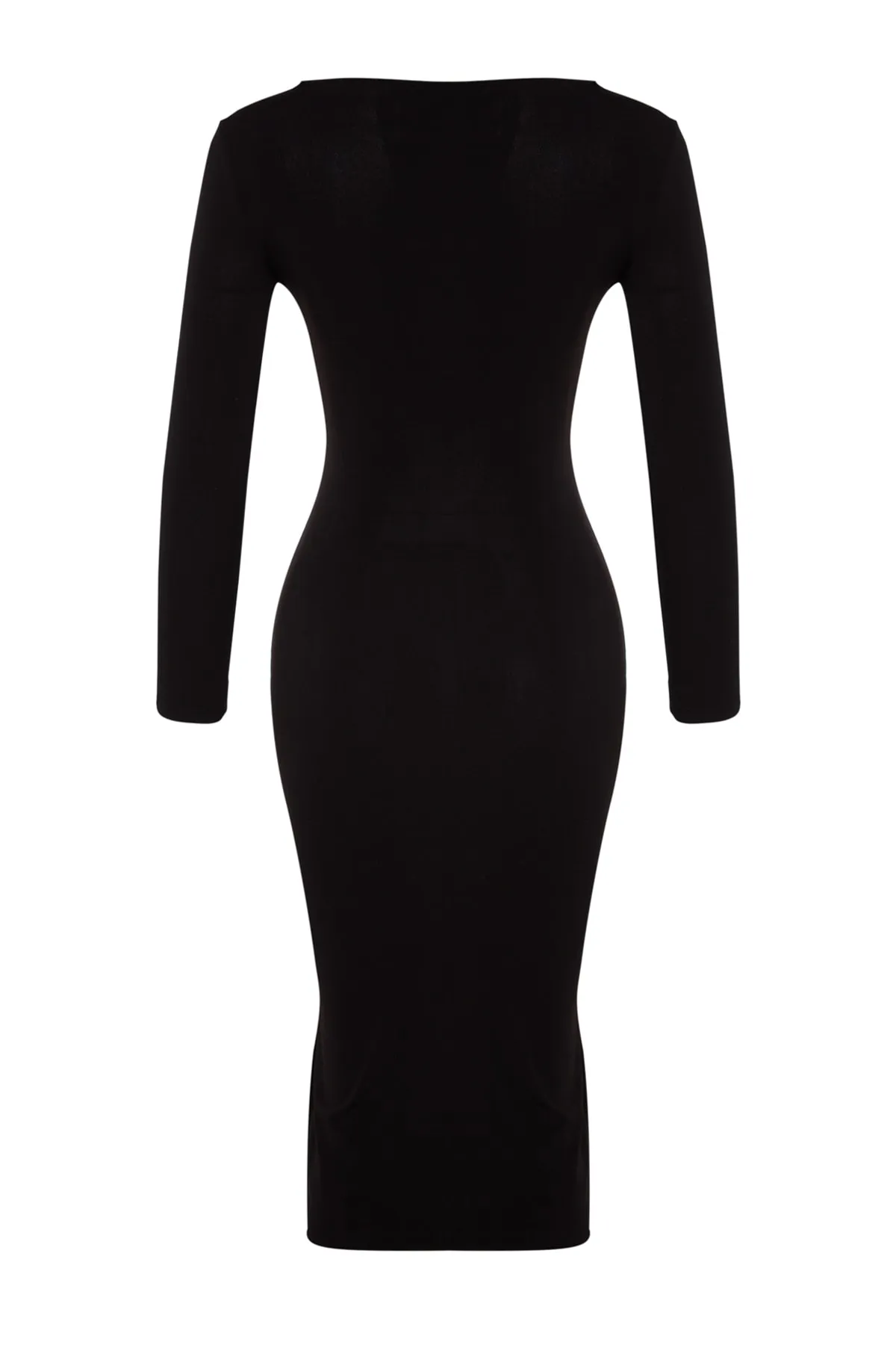 Trendyol Collection  Schwarzes, gerafftes, figurbetontes, langärmliges, dehnbares Midi-Strickkleid mit quadratischem Ausschnitt TWOAW24EL00598