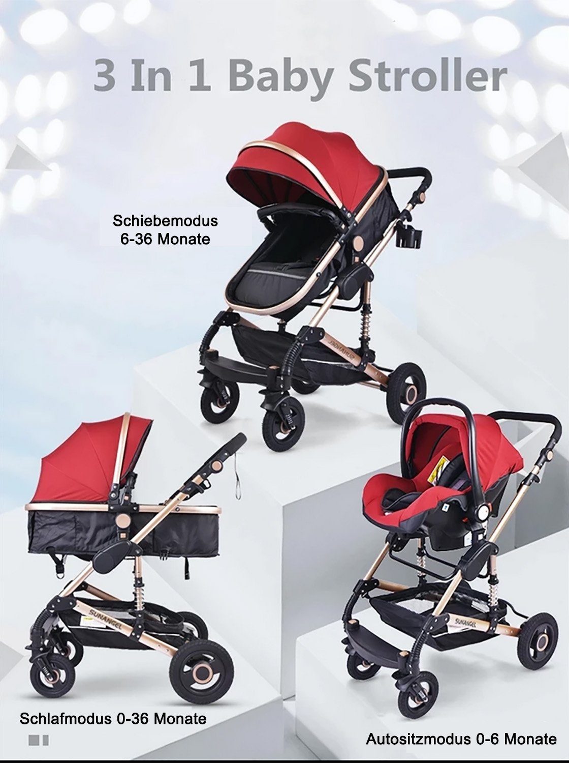 TPFLiving Kombi-Kinderwagen Babyschale Baby Buggy Babywanne 5-Punkt-Sicherheitsgurt Moskitonetz, Getränkehalter Kinderwagen 3 in 1 inkl. großem Zubehörset Schwarz