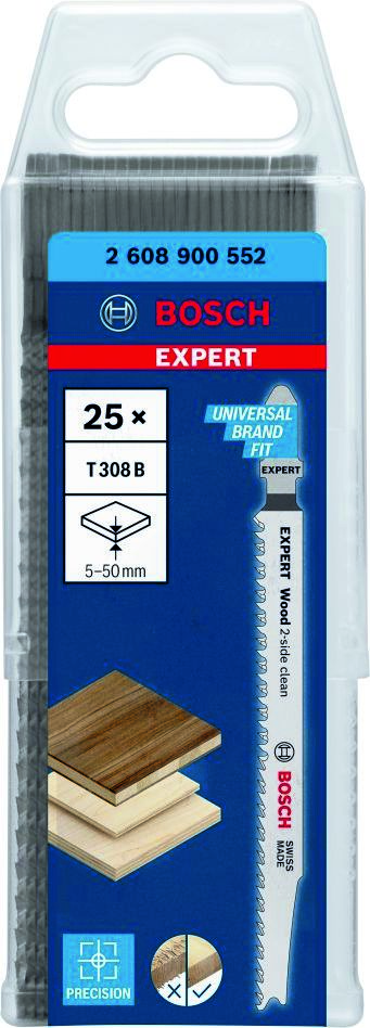 „Bosch Blue Accessories 2608900552 Expert „Wood 2-side clean“ T 308 B dekupersinio pjūklo ašmenys, 25 dalių