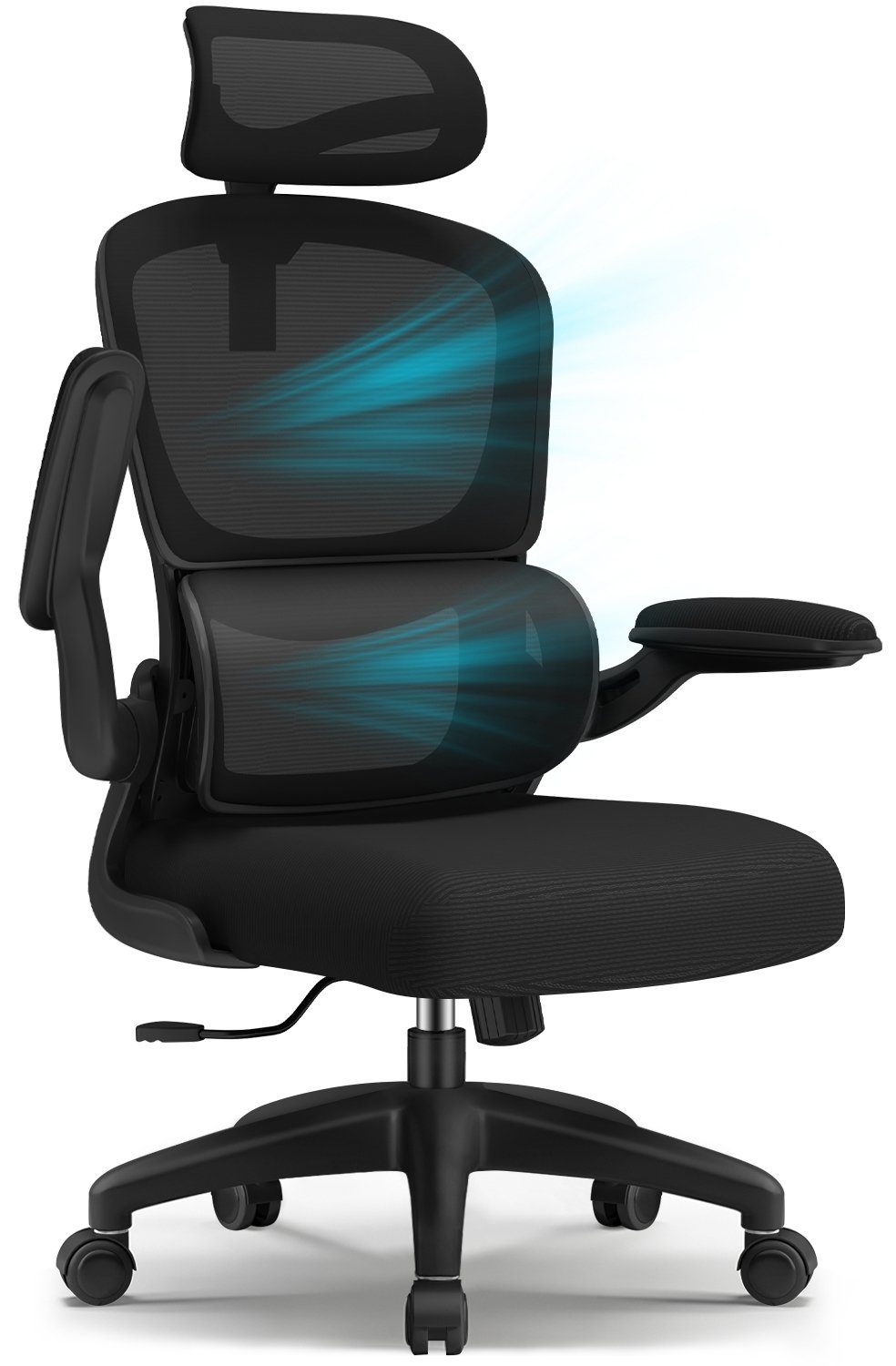 Authmic Chefsessel Bürostuhl, Drehstuhl, Schreibtischstuhl, Chefsessel (Bürostuhl ergonomisch mit verstellbarer Kopfstutze, Armlehnen, Atmungsaktiver Netzstuhl), Wippfunktion von 90° bis 135°, Bürostuhl 150kg