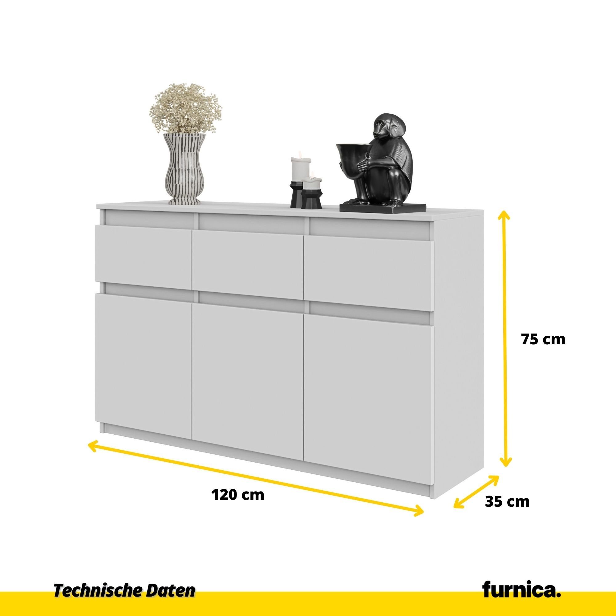 Furnica Kommode NOAH 3 Schubladen und 3 Türen - Weiß Matt H75cm B120cm T35cm (1 St)