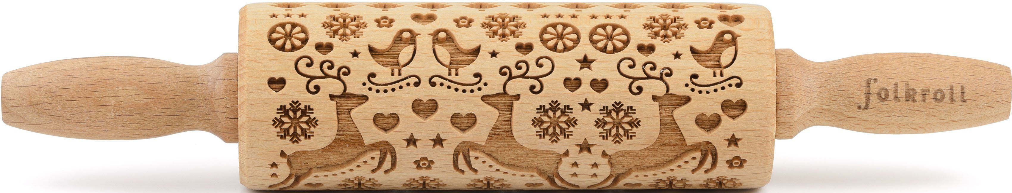 folkroll Teigroller 3D-Motiv-Teigrolle Buchenholz, Rentier
