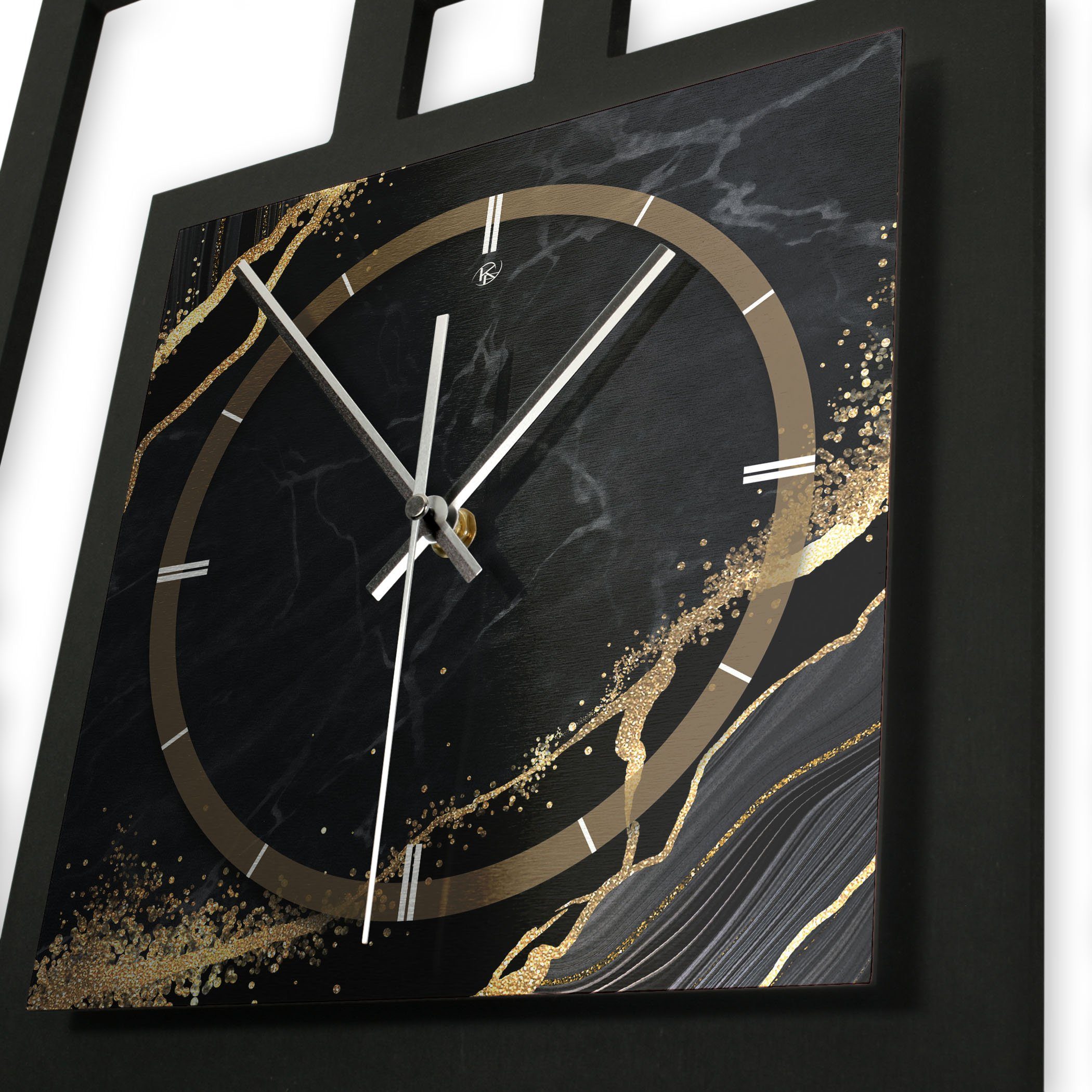 Kreative Feder Wanduhr Design-Wanduhr „Black & Gold Waves“ in modernem Metallic-Look (ohne Ticken; Funk- oder Quarzuhrwerk; elegant, außergewöhnlich, modern)
