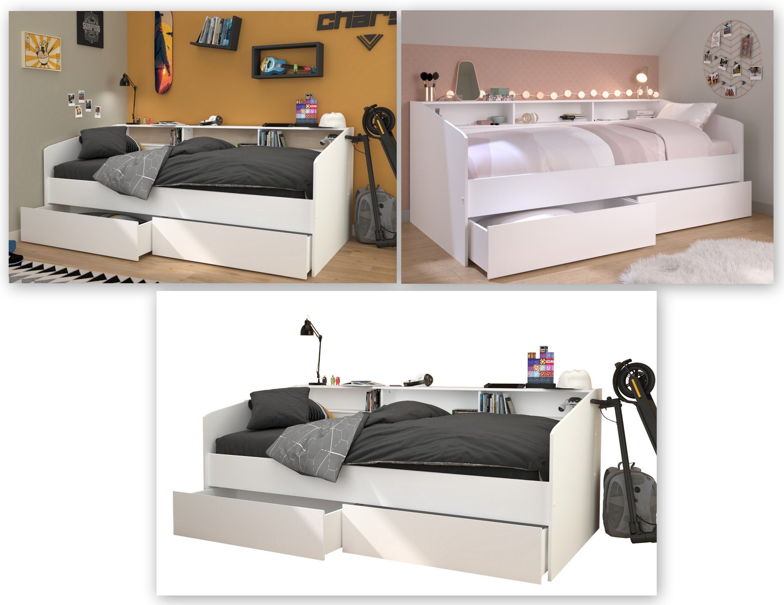 Parisot Jugendzimmer-Set Sleep, (Komplett Set, 1-St., in verschiedenen Zusammenstellungen wählbar), Rückwände drehbar - Weiss oder Eiche, inkl. Bettschubkästen