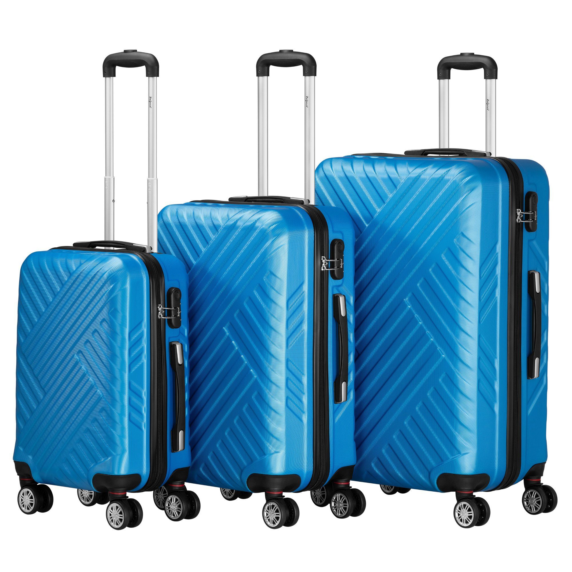 Zelsius Kofferset 3er Set, Blau, ABS Hartschalenkoffer, Zahlenschloss, Innen Trennwand, 4 Rollen