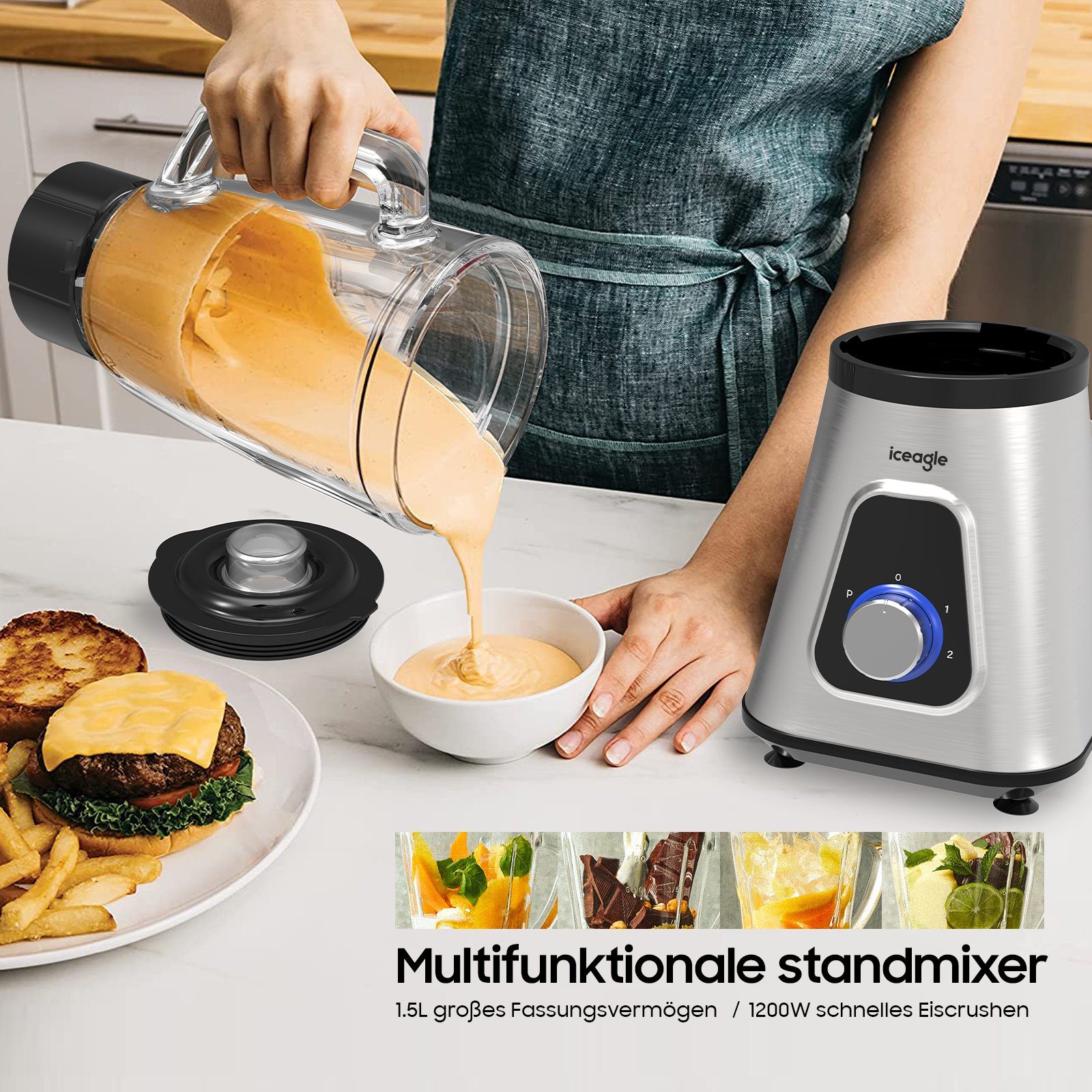 iceagle Standmixer Standmixer 2-in-1 Mixer Smoothie Maker Multifunktion Entsafte Fleisch, 1300,00 W, 2 Ebenen, Edelstahl, 1,5L Glasaufsatz, 0,6L Tragbare Tasse, 6-Kling