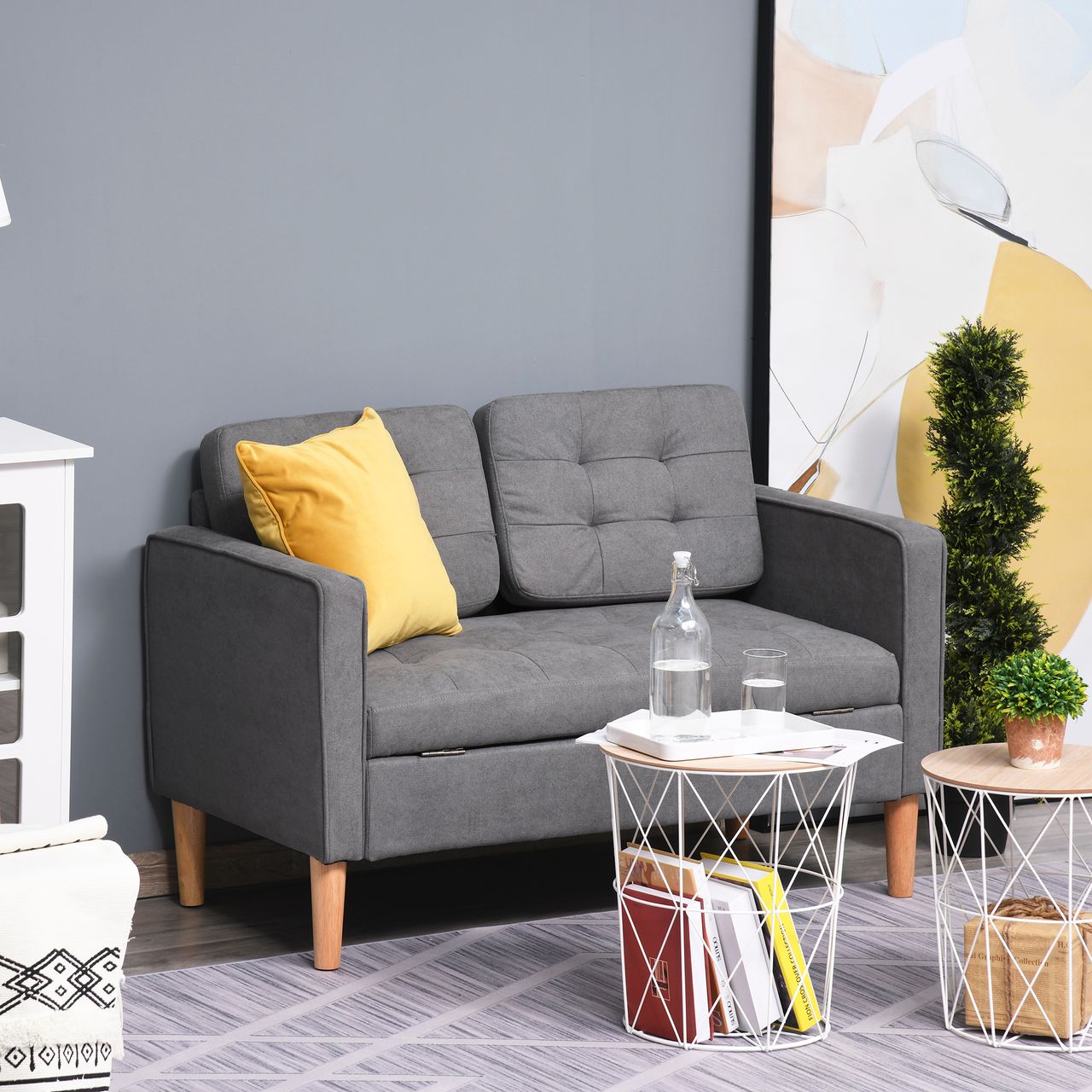 HOMCOM 2-Sitzer Sofa Stoffsofa Doppelsofa abnehmbar mit Kissen Gummiholz Baumwoll Grau 117 x 62 x 78 cm