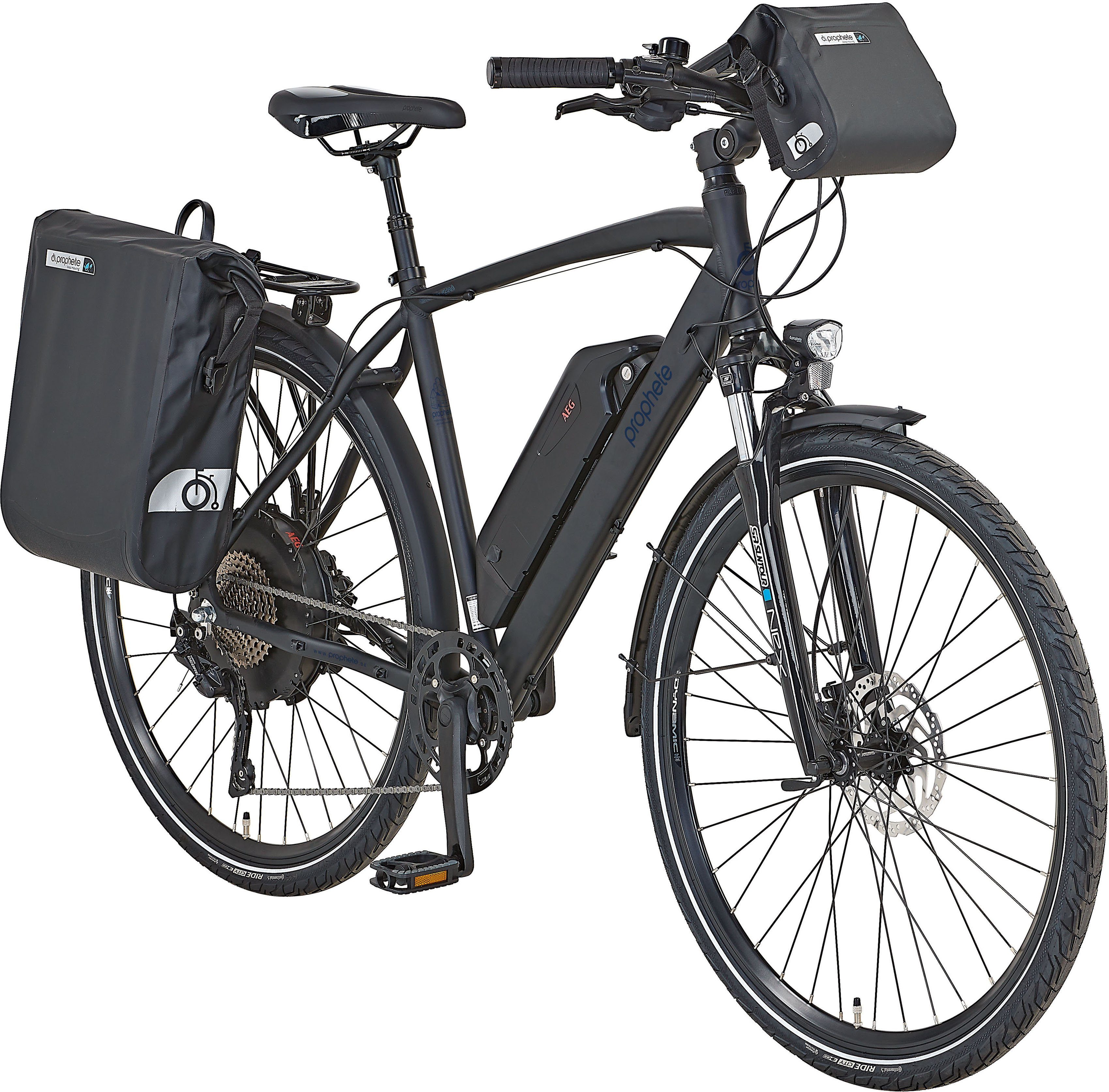 Prophete E-Bike Prophete Entdecker e2000 Herren, 10 Gang Shimano Deore RD-T6000 Schaltwerk, Kettenschaltung, Heckmotor, 614 Wh Akku, (mit Gepäckträgertasche, mit Lenkertasche)