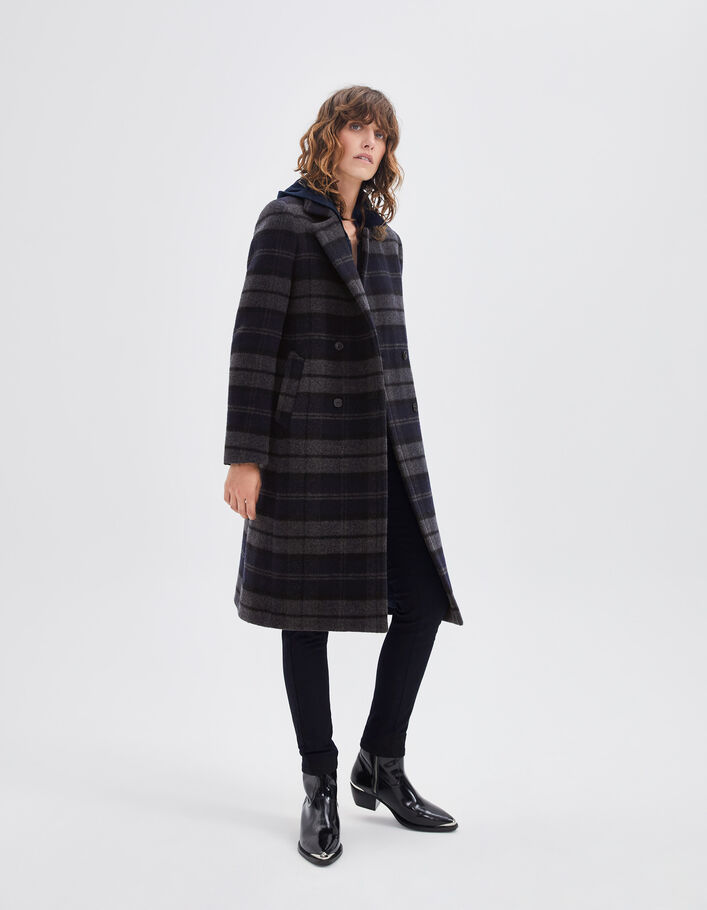 Manteau long gris à motif carreaux Femme