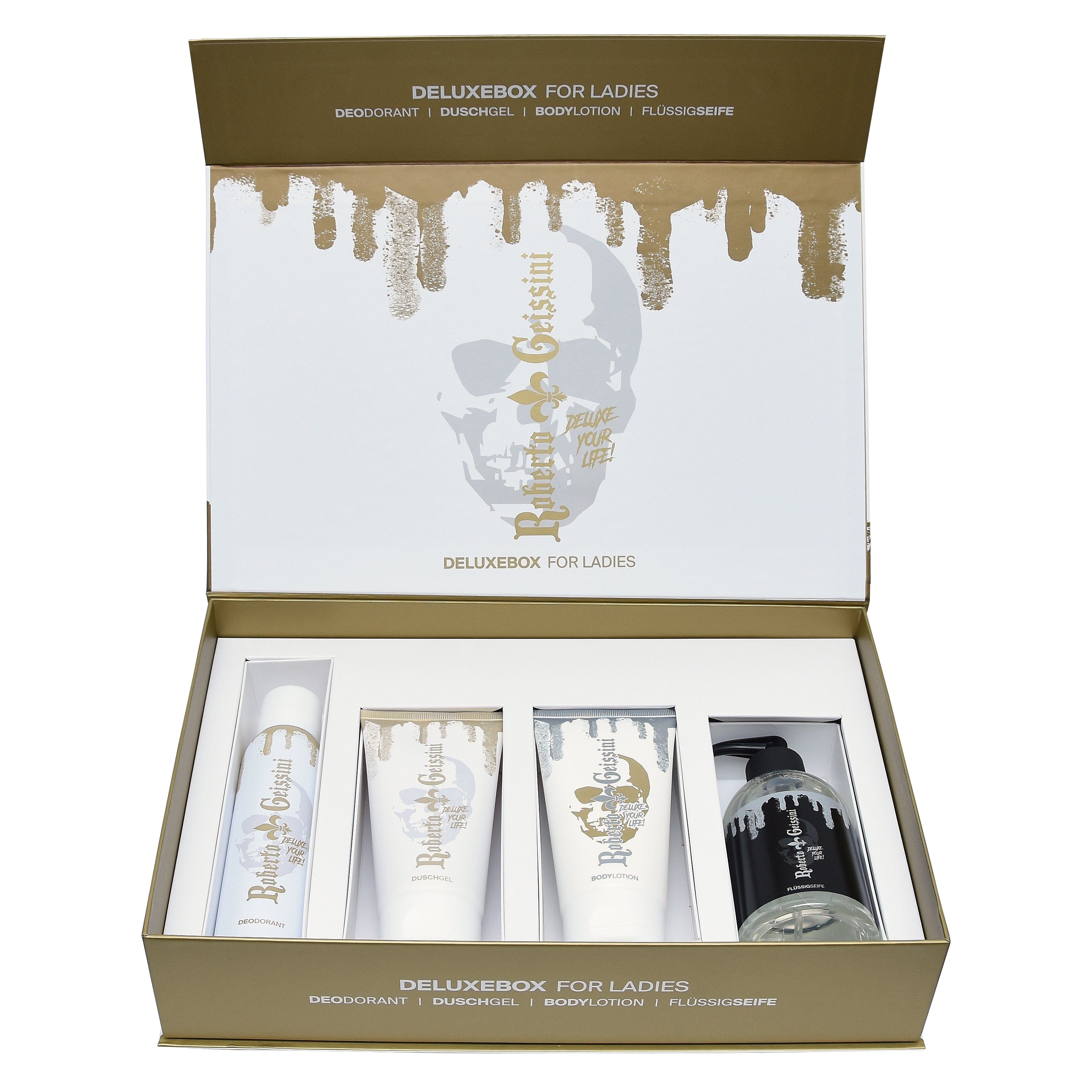 Roberto Geissini Pflege-Geschenkbox Deluxe Geschenkbox LADIES GOLD, Körperpflege Set 4 tlg. für Sie Set, 4-tlg., Deo 150ml, Duschgel 150ml, Bodylotion 150ml, Flüssigseife 300ml