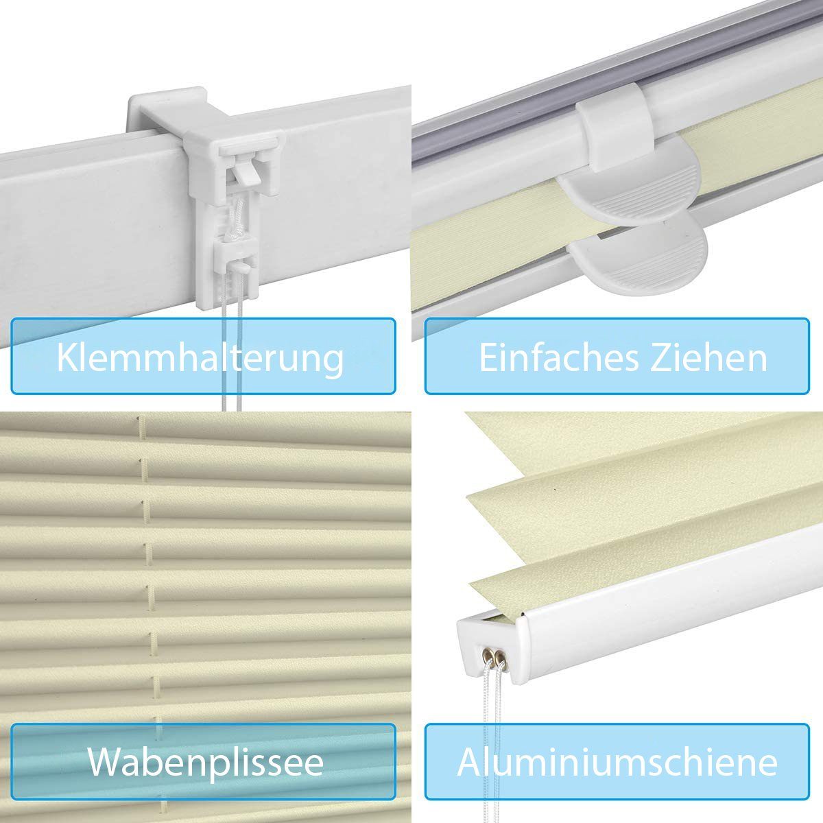 Plissee Sonnenschutzrollo ohne Bohren Verspannt Blickdicht Lichtschutz, Sekey, Klemmfix, Verspannt Jalousie Rollos