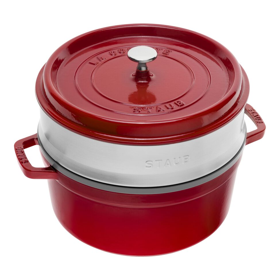 Cocotte mit Dämpfeinsatz 26 cm, rund, Kirsch-Rot, Gusseisen