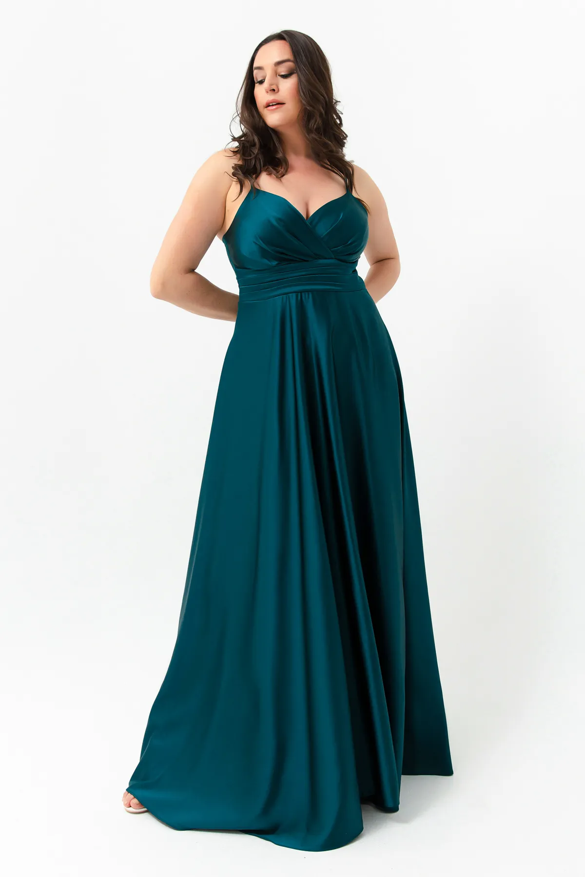 Lafaba  Damen-Abendkleid und Abschlusskleid aus Petrol in Übergröße mit Seilträgern aus Satin