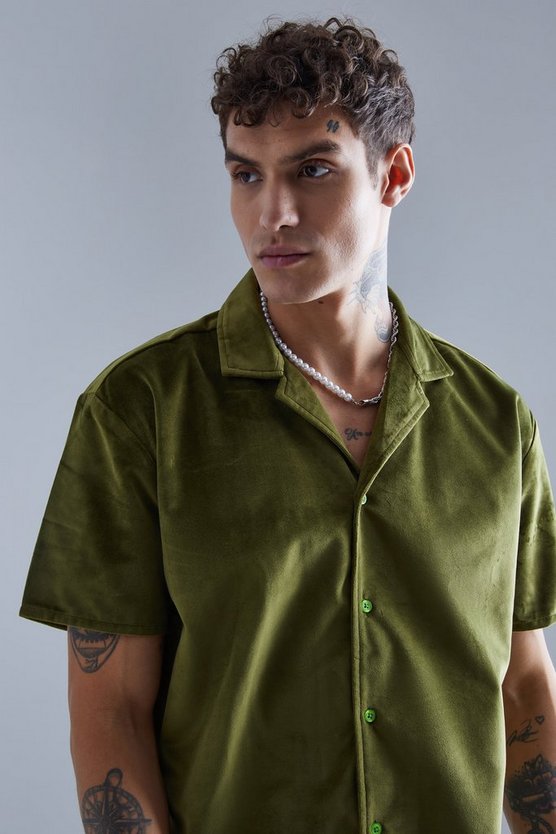 Kurzärmliges Oversize Velour-Hemd