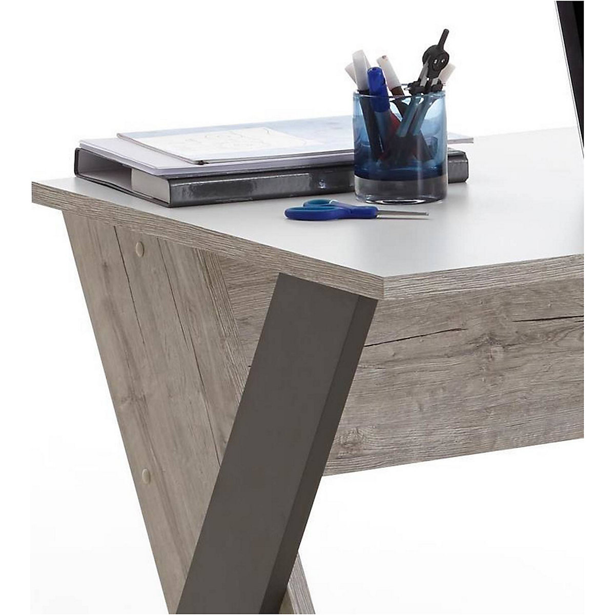 Schreibtisch LEEDS-10 Sandeiche Nb./weiß/Lava/Denim, B x H x T ca. 135 x 76,4 x 67,5 cm