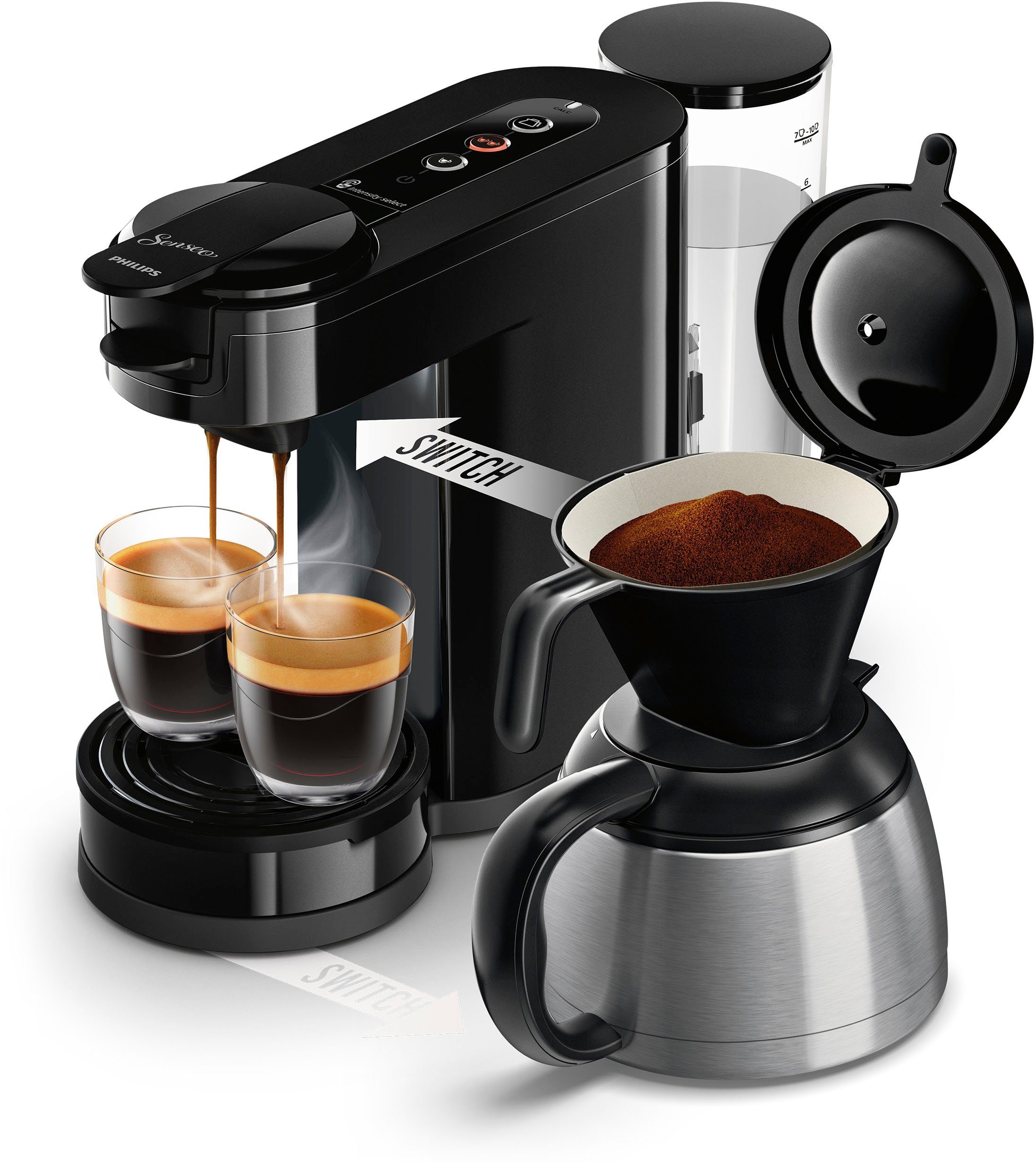 Philips Senseo Kaffeepadmaschine Switch HD6592/64, 26% recyceltem Plastik, Kaffee Boost Technologie, 1l Kaffeekanne, Crema Plus, inkl. Kaffeepaddose Wert €9,90 UVP