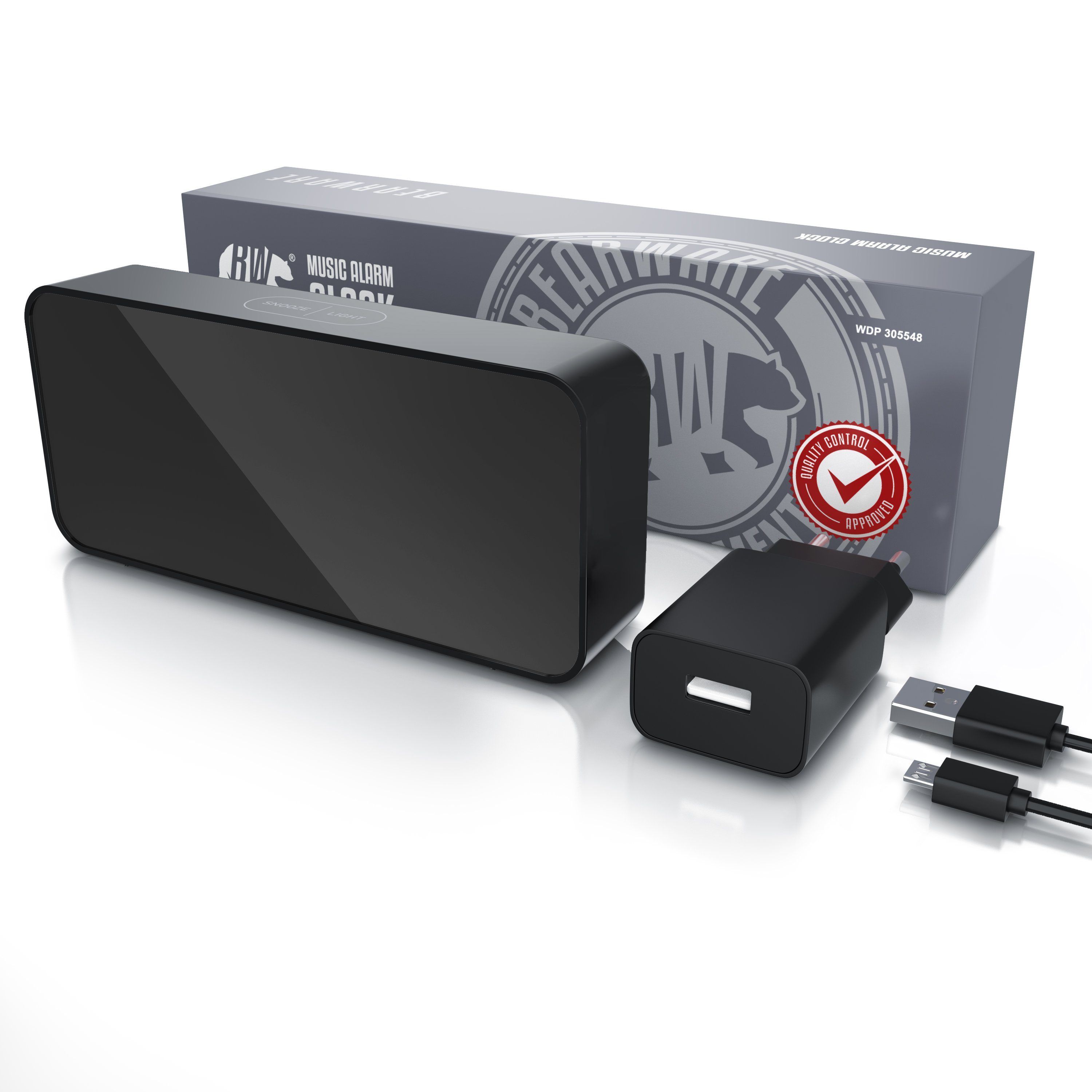 BEARWARE Wecker Musikwecker digital Temperaturanzeige, Reisewecker mit Netzteil & Akku