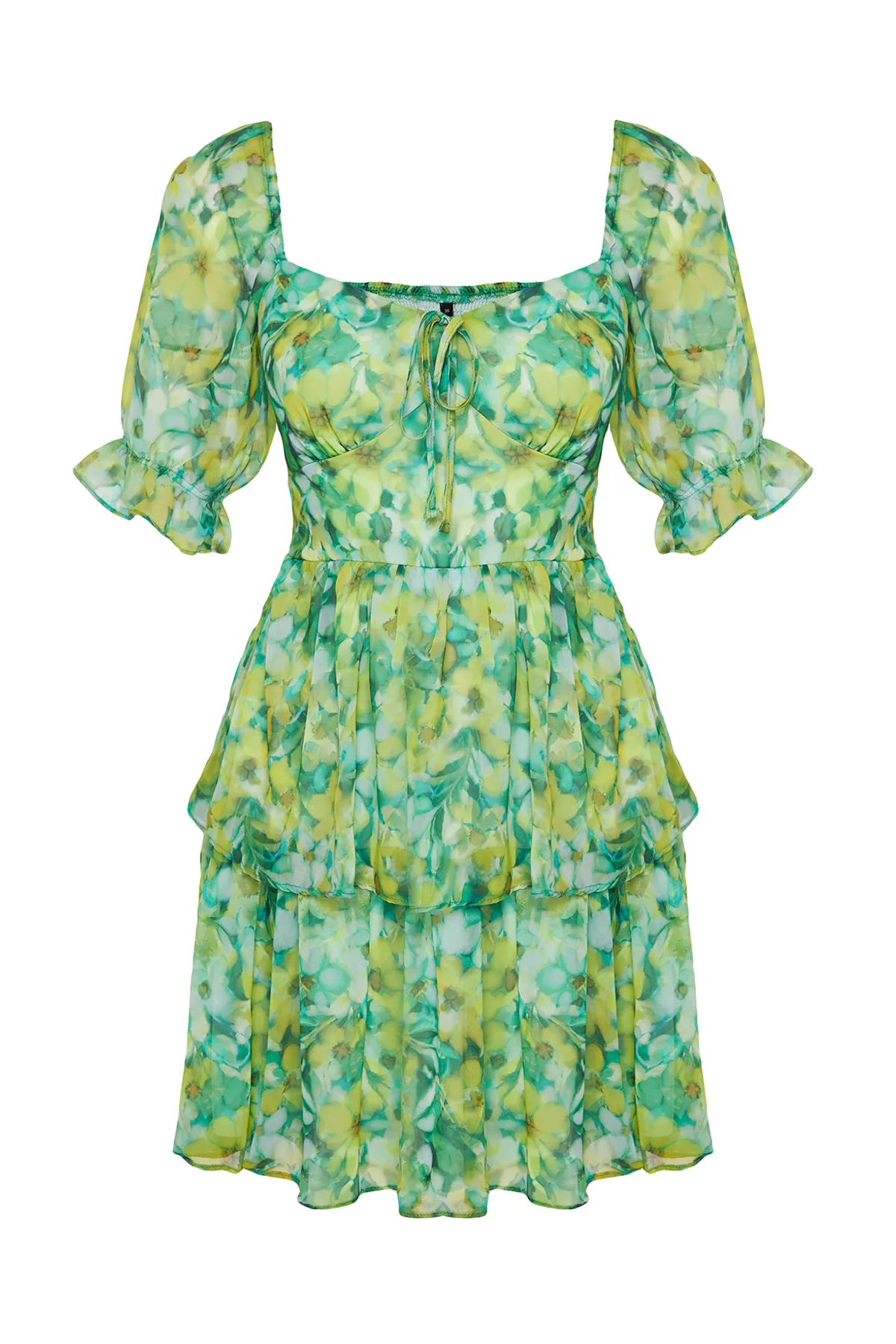 Trendyol Collection  Grünes, gewebtes Minikleid mit Blumenrock, Volant und Chiffonfutter TWOSS22EL2772