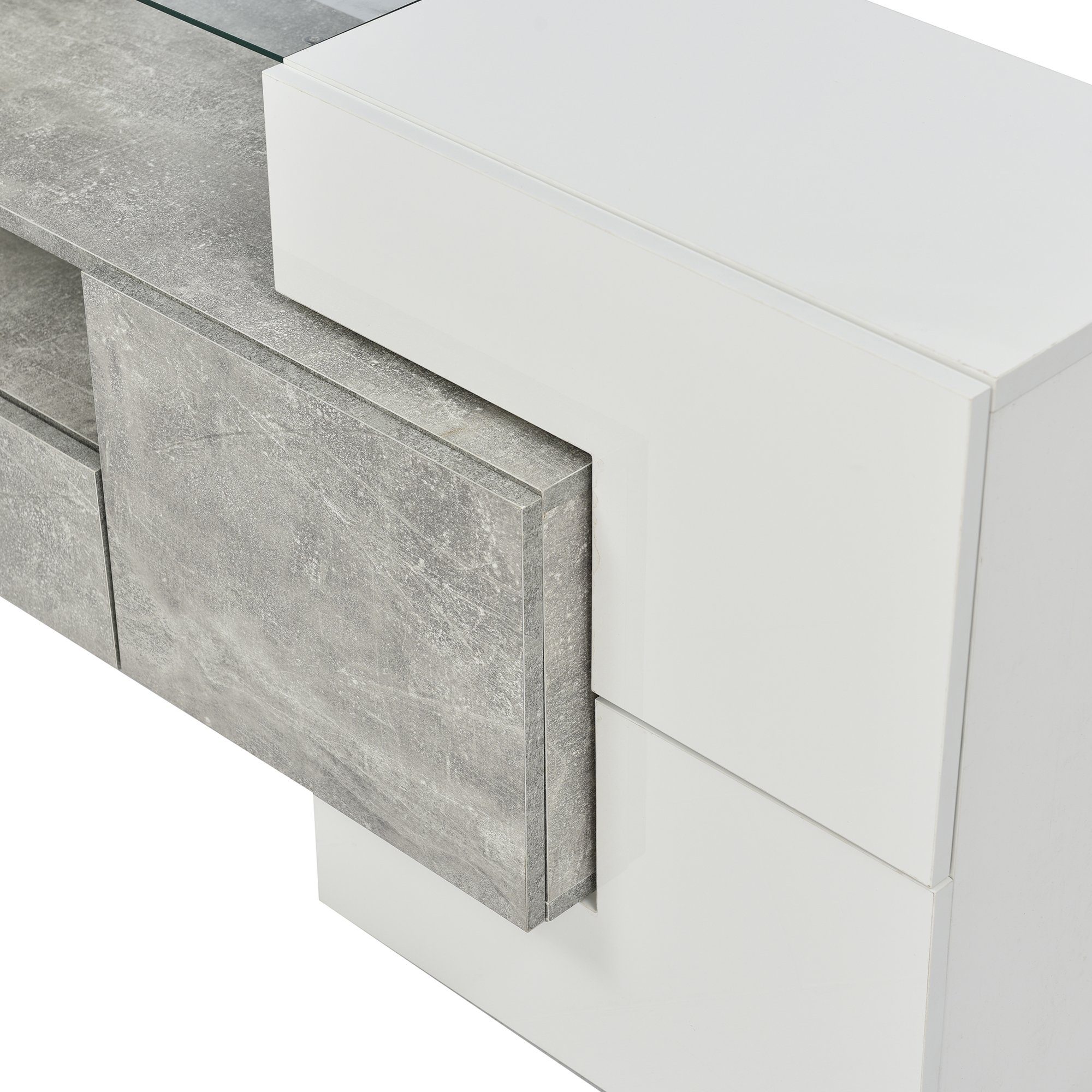 HAUSS SPLOE TV-Schrank TV-Schrank Fernsehtisch TV Board TV- Lowboard (1-St., Weiß, 200 cm) Elegante Glasoberfläche., LED-Beleuchtung