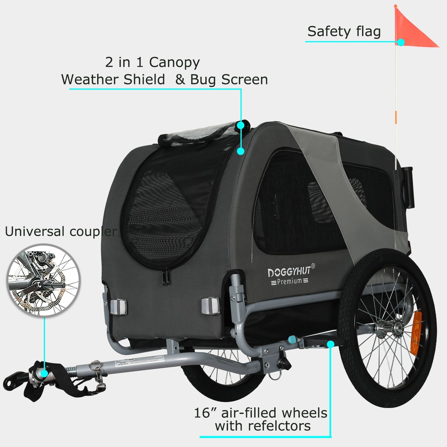 TIGGO Fahrradhundeanhänger DOGGYHUT® Premium MEDIUM Hundefahrradanhänger, Verstellbare Sicherheitsleine