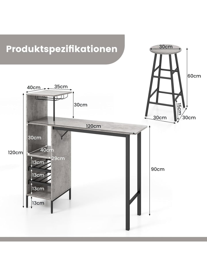 COSTWAY Bartisch mit Barhocker Set in Grau günstig kaufen onesize