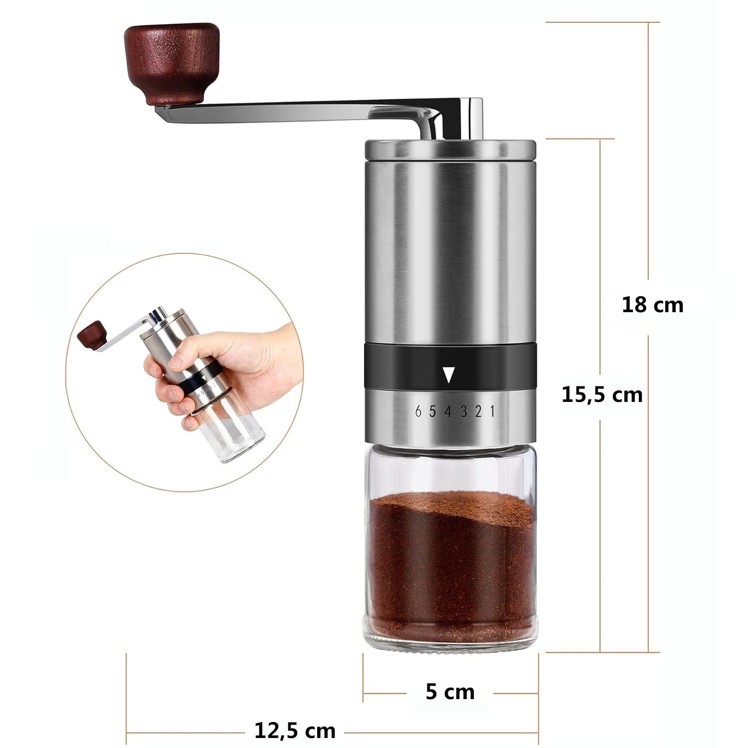 HYIEAR Kaffeemühle Manuelle, Edelstahl und Glas, 6 Verstellbarer Mahlgrad, Keramikmahlwerk, 15,00 g Bohnenbehälter, 110ml Pulverbehälter, inkl. Siebträgeradapter und Reinigungspinsel