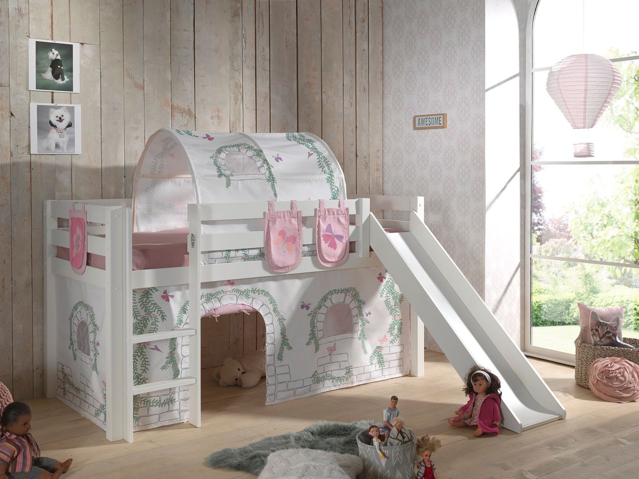 VIPACK Spielbett Pino inkl. Rutsche mit Textilset Vorhang, Tunnel und 3 Taschen 