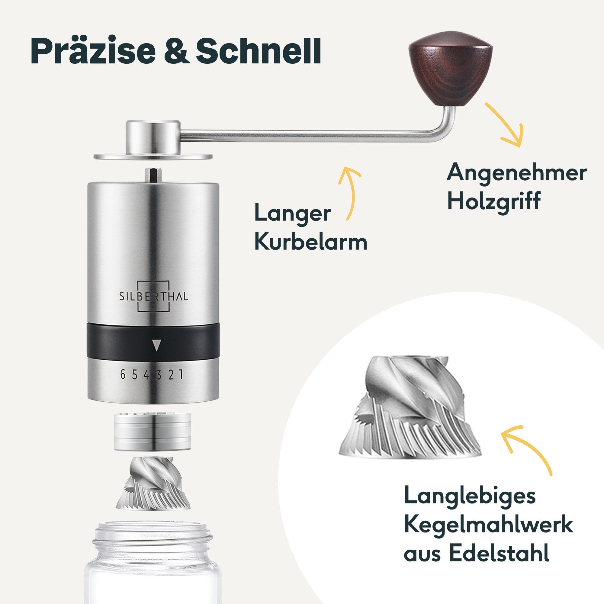 SILBERTHAL Kaffeemühle manuell, Kegelmahlwerk, 17,00 g Bohnenbehälter, Handmühle aus Edelstahl mit Ersatzglas und Reinigungspinsel