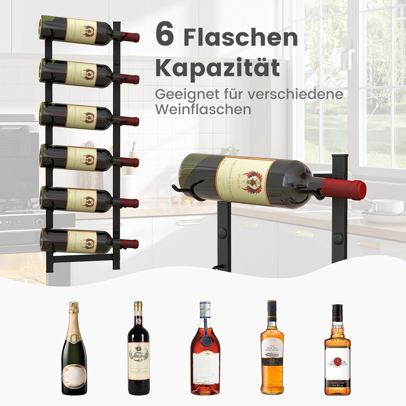 COSTWAY Weinregal, Wand, Metall, für 6 Flaschen, Industrial, 13,5x22x73cm