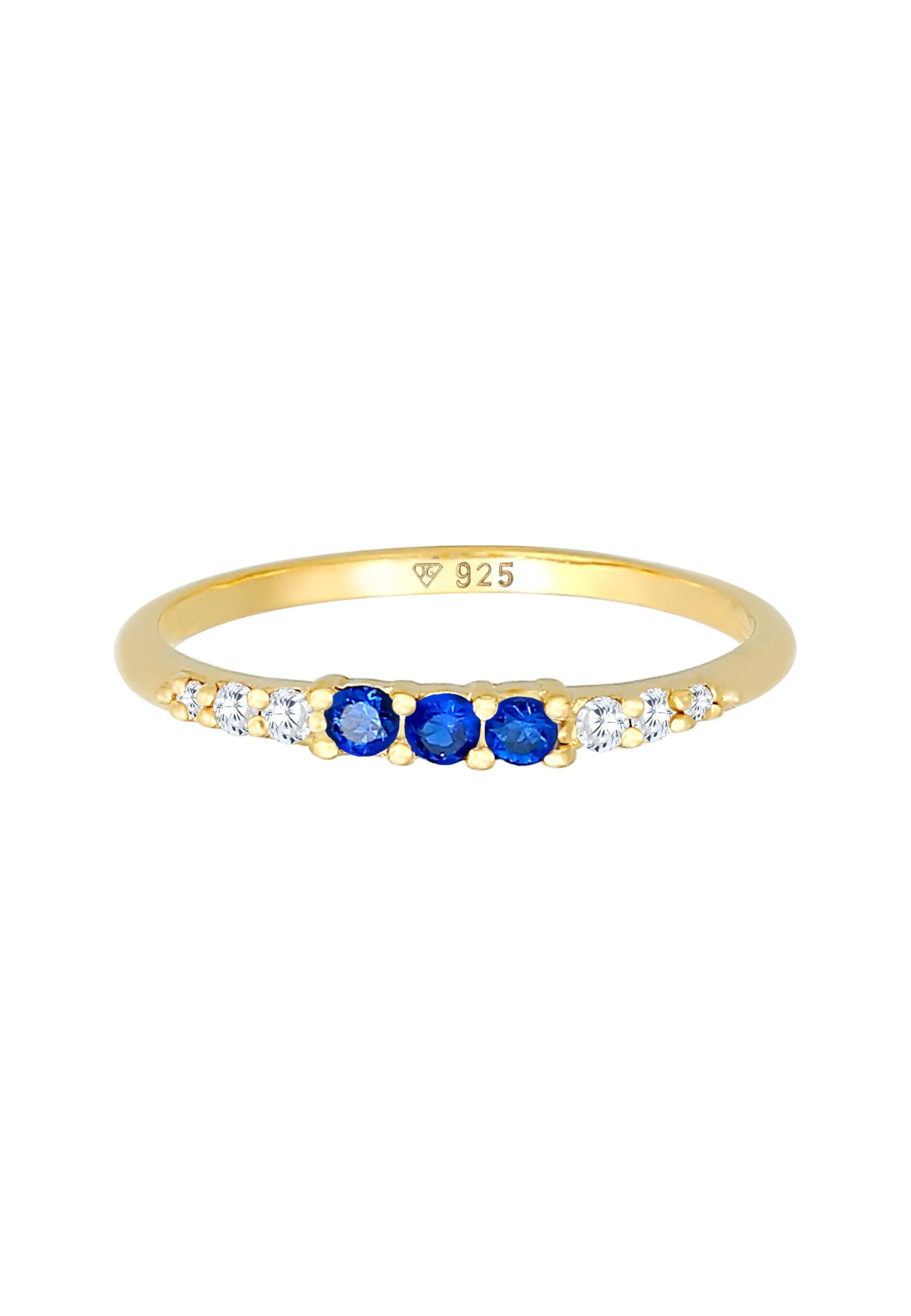 Elli Elegant women's ring with cubic zirconia crystals and synthetic sapphire in 925 sterling silver plated with gold